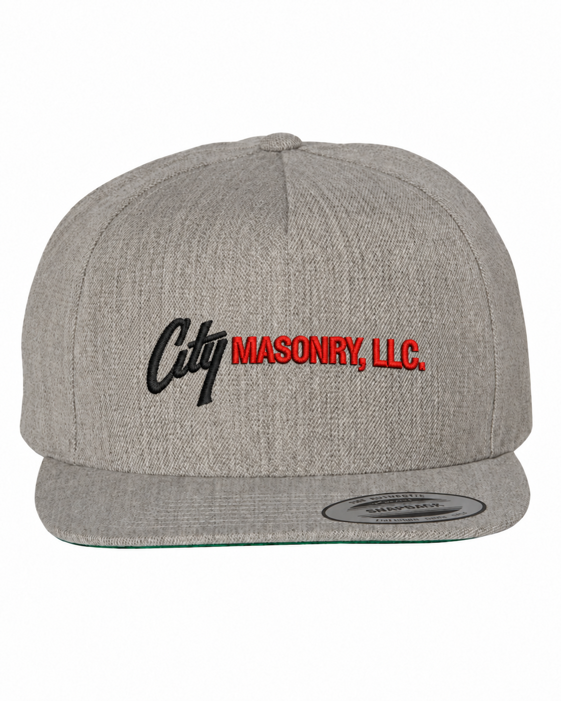 City Masonry 5089M — Heather Grey embroidered mockup, corrected 4-inch scale