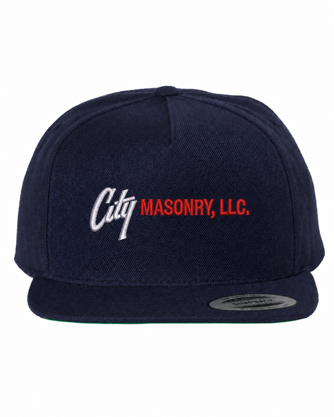 City Masonry 5089M — Navy embroidered mockup, corrected 4-inch scale