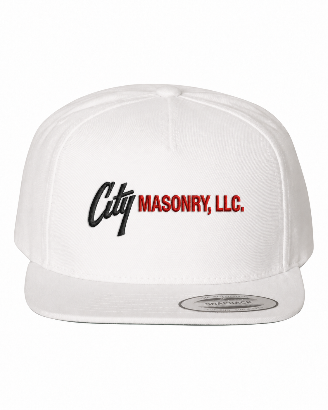 City Masonry 5089M — White embroidered mockup, corrected 4-inch scale