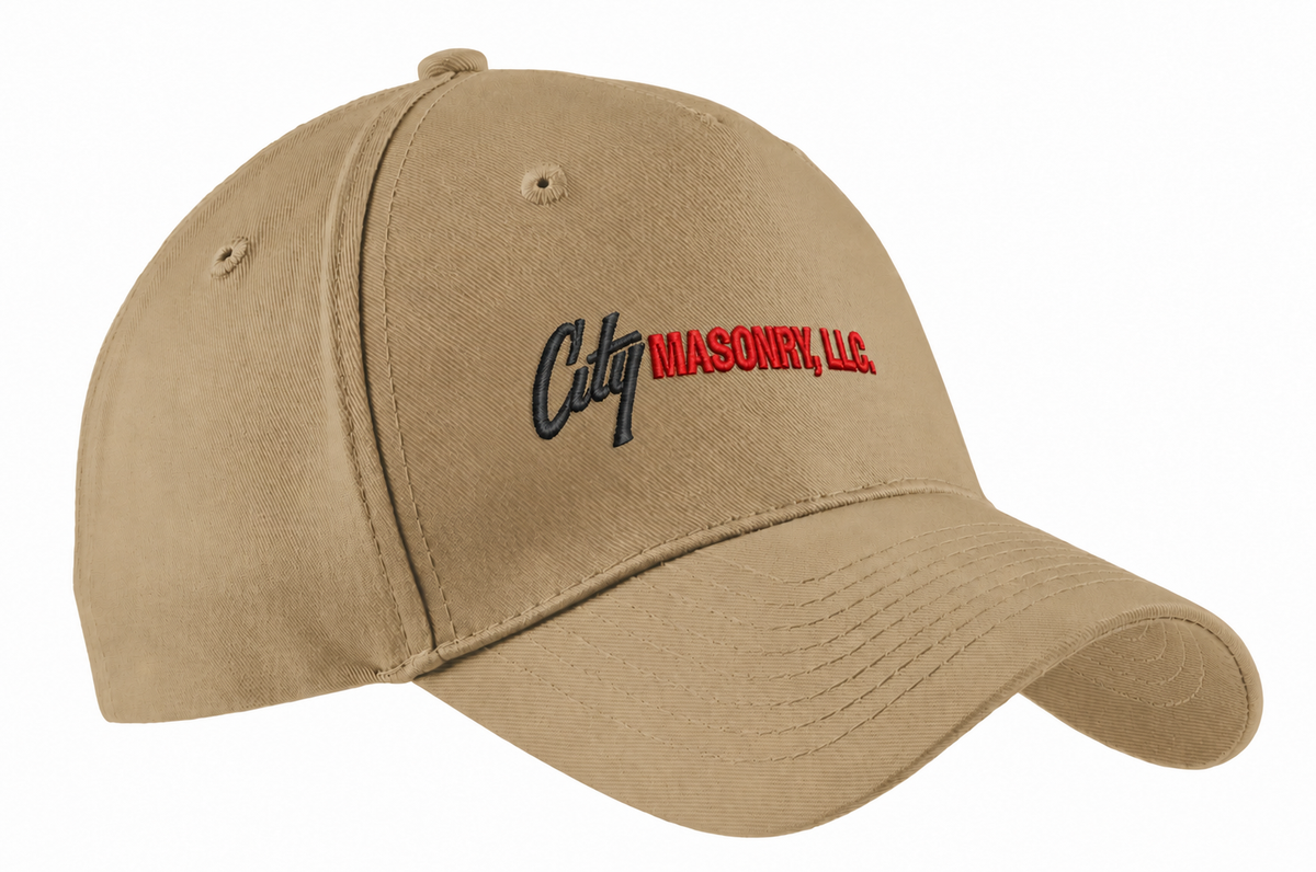 City Masonry CP86 — Khaki embroidered mockup, corrected 4-inch scale