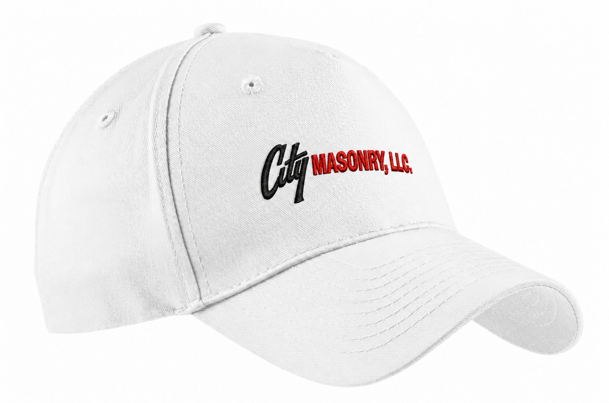 City Masonry CP86 — White embroidered mockup, corrected 4-inch scale