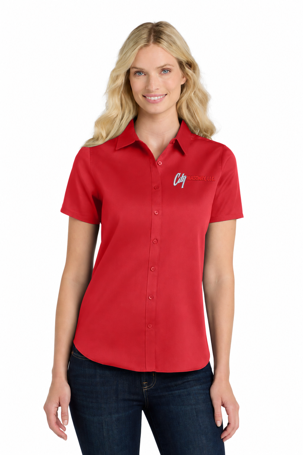 City Masonry LW809 — Rich Red embroidered mockup