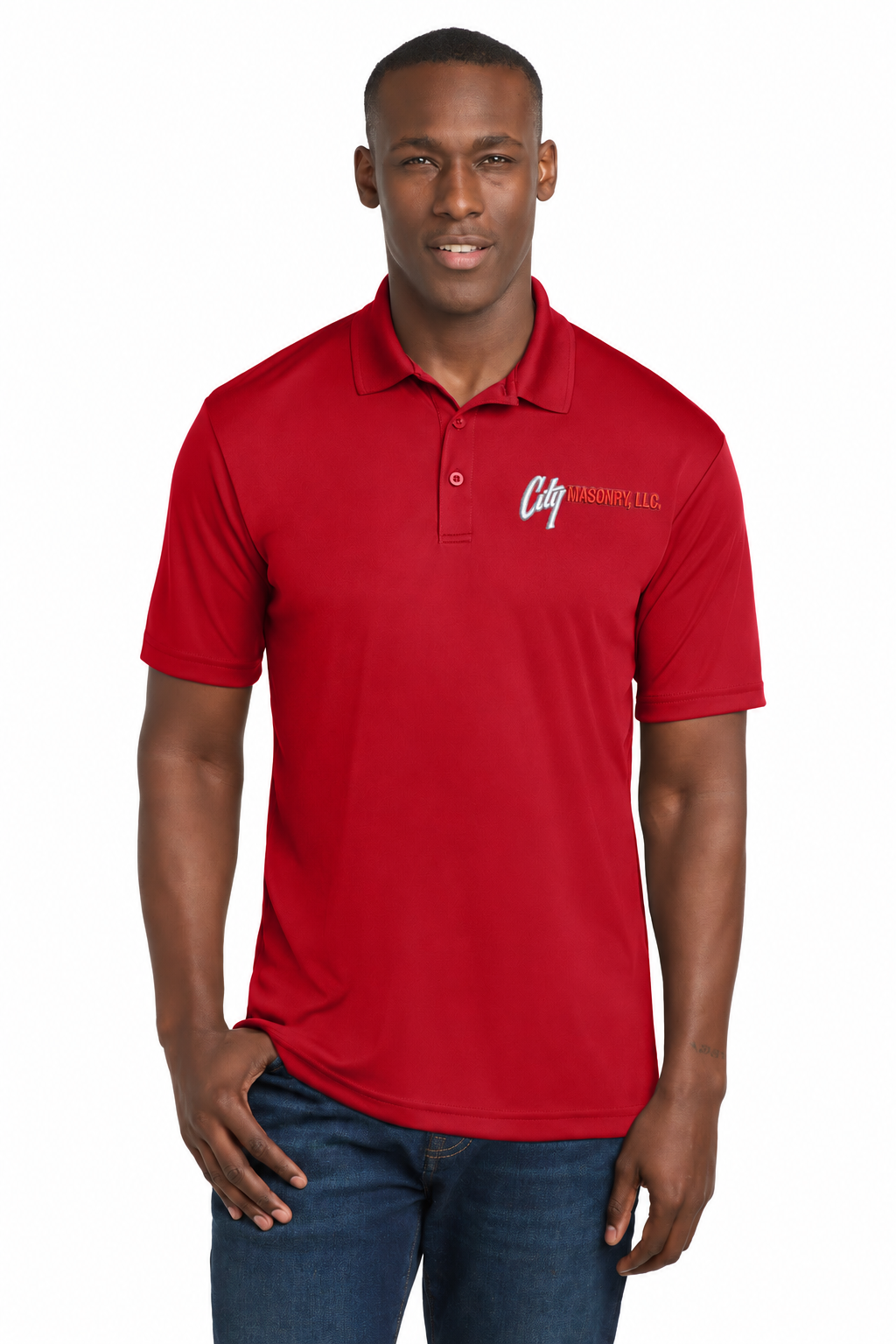 City Masonry ST550 — True Red embroidered mockup
