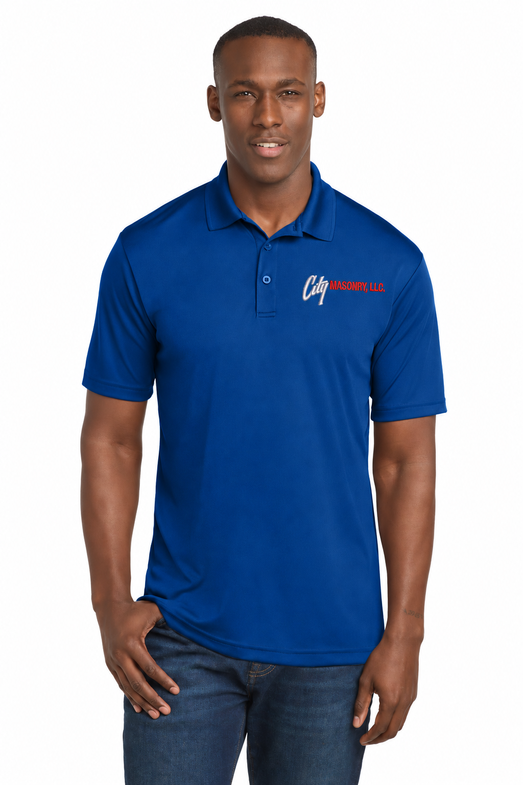 City Masonry ST550 — True Royal embroidered mockup
