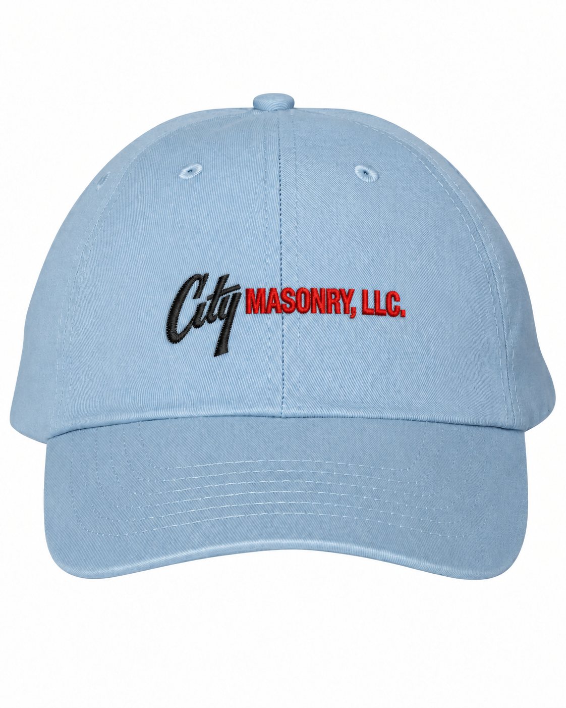 City Masonry VC300A — Baby Blue embroidered mockup, corrected 4-inch scale