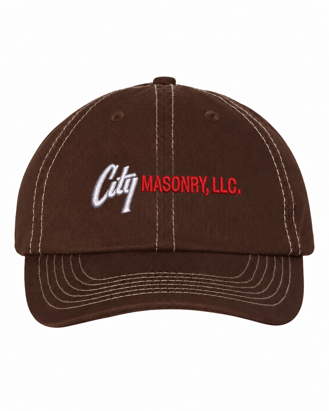 City Masonry VC300A — Brown/ Stone embroidered mockup, corrected 4-inch scale