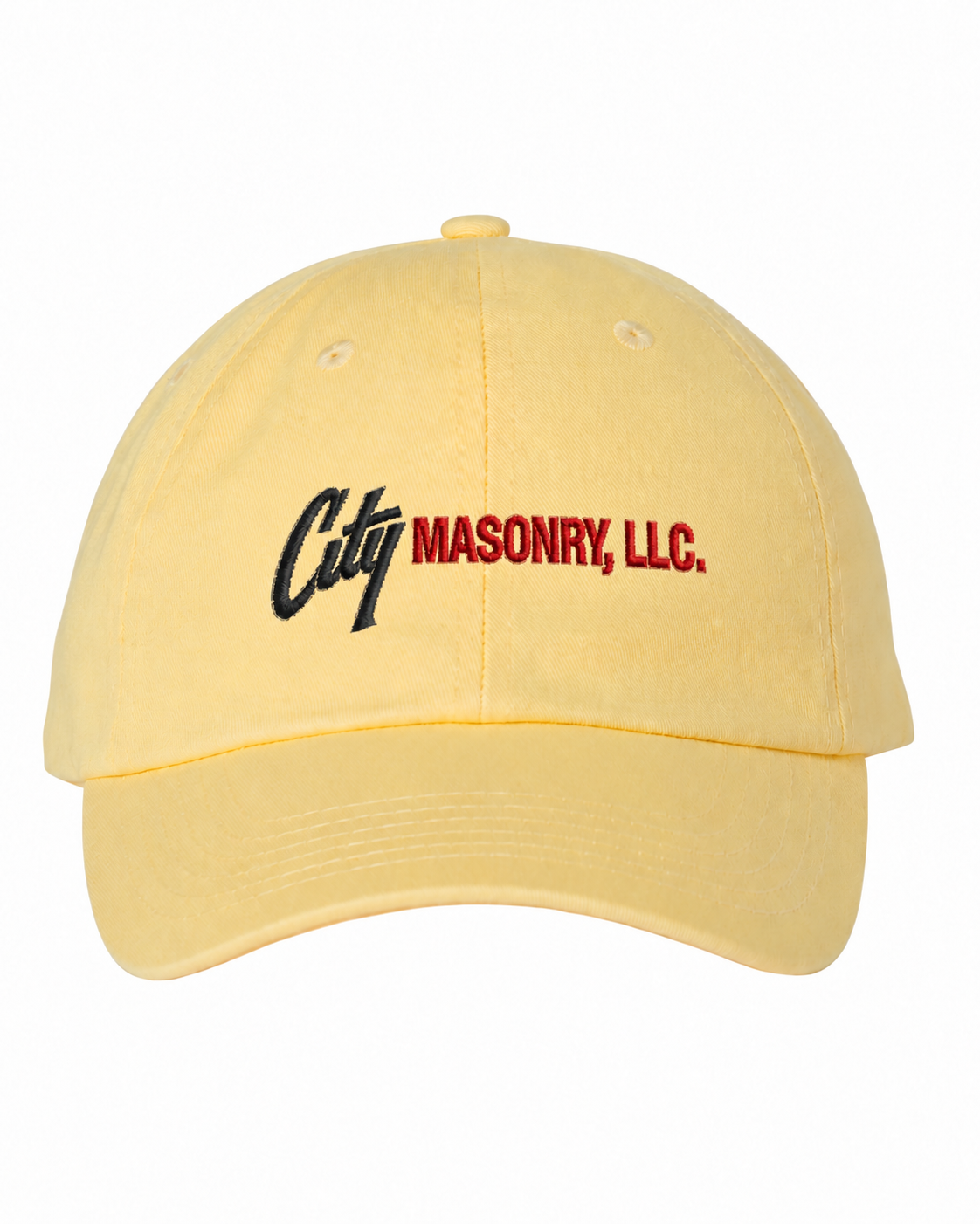 City Masonry VC300A — Butter embroidered mockup, corrected 4-inch scale