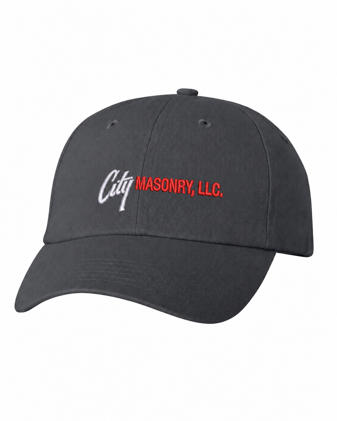 City Masonry VC300A — Charcoal embroidered mockup, corrected 4-inch scale