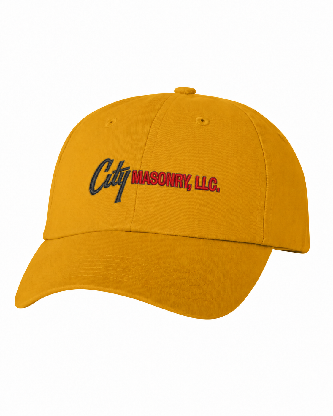 City Masonry VC300A — Gold embroidered mockup, corrected 4-inch scale