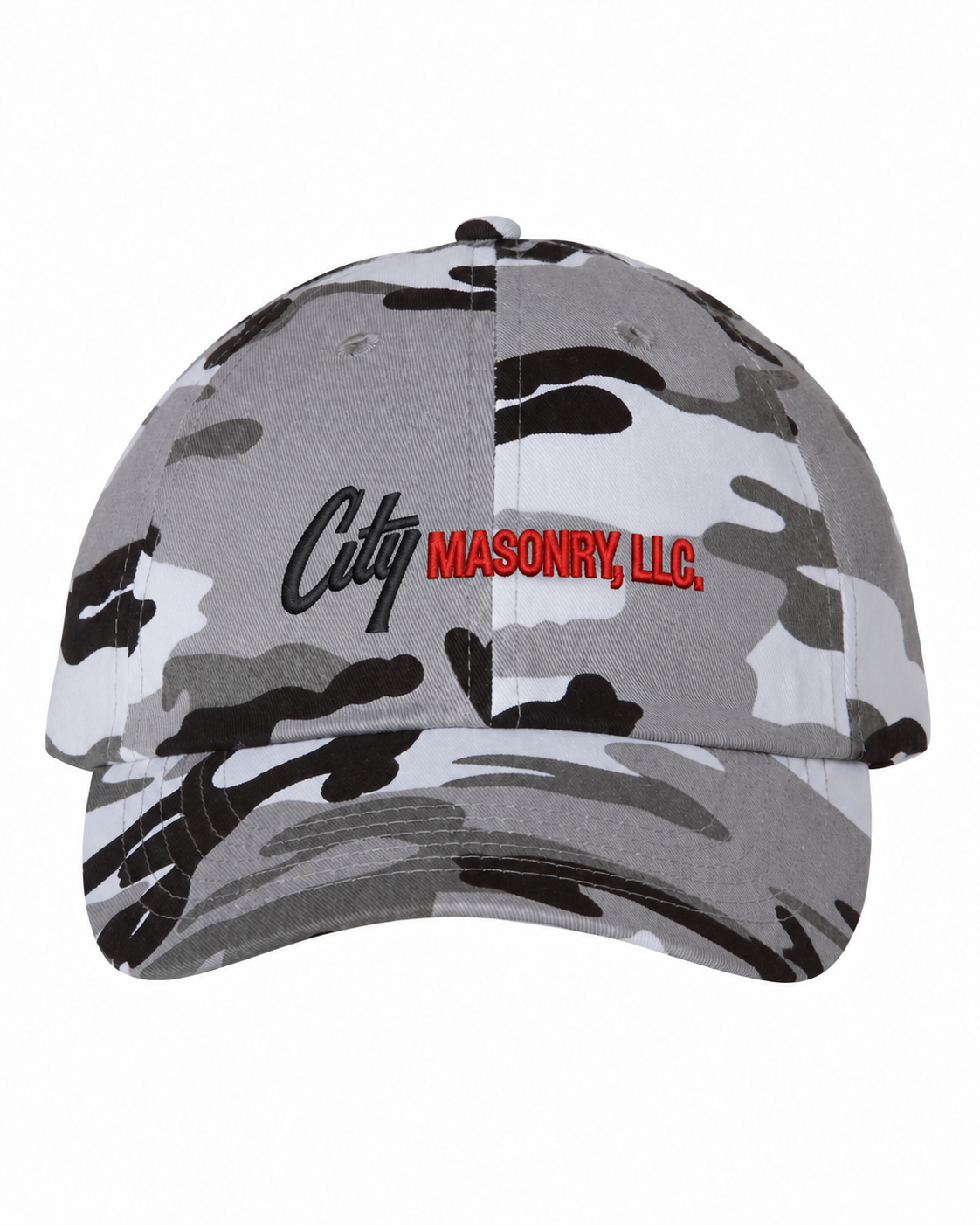 City Masonry VC300A — Grey Camo embroidered mockup, corrected 4-inch scale
