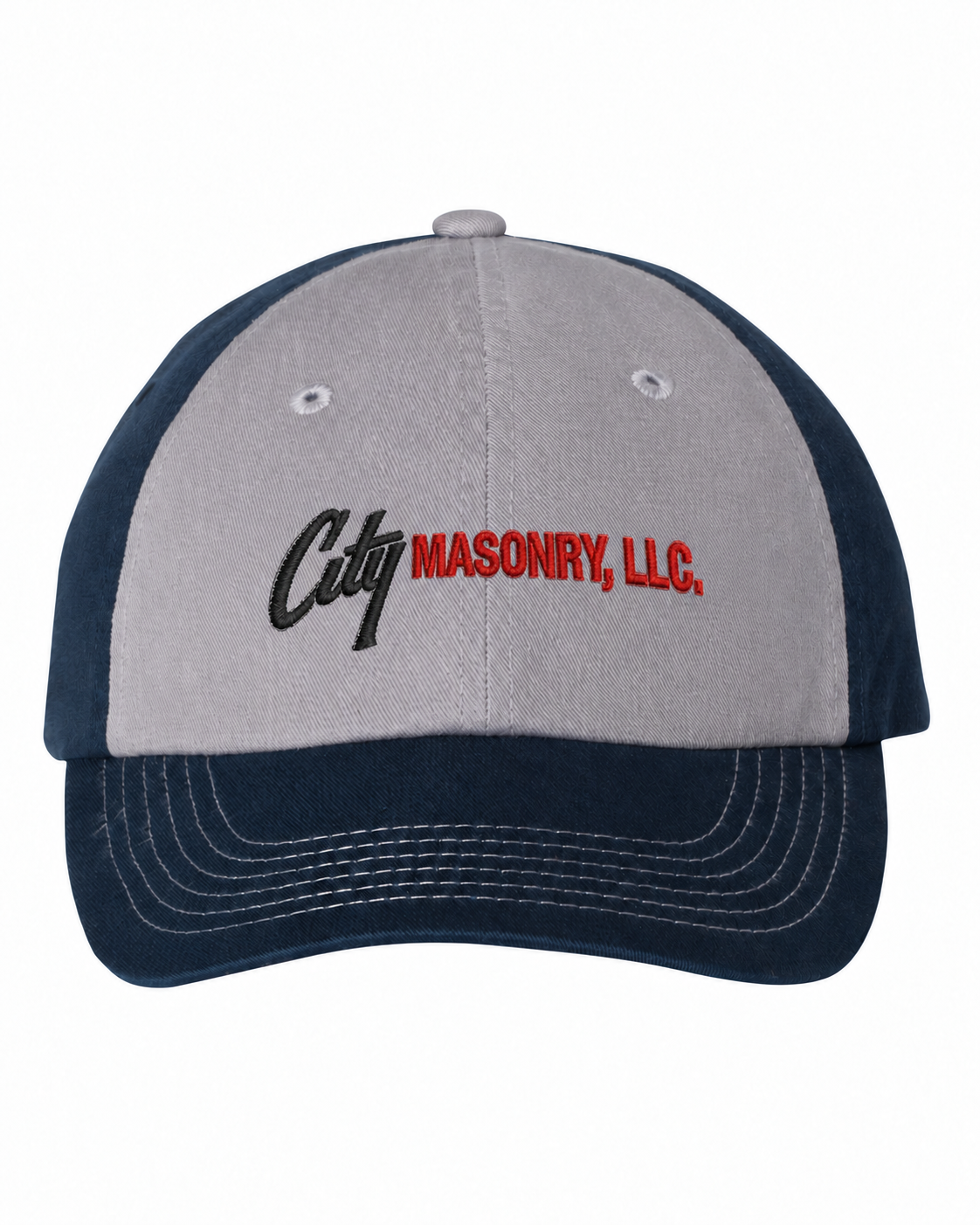 City Masonry VC300A — Grey/ Navy embroidered mockup, corrected 4-inch scale