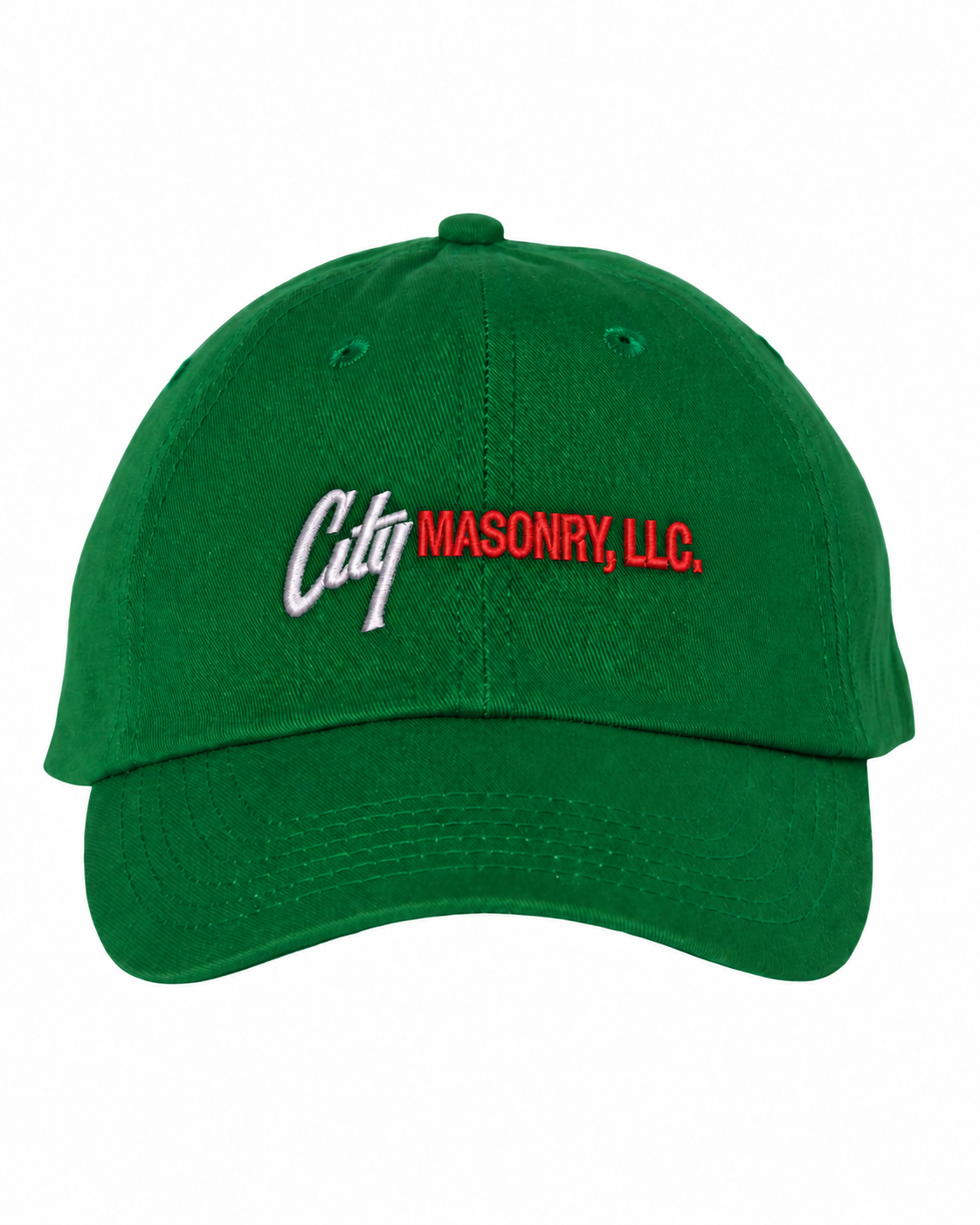 City Masonry VC300A — Kelly embroidered mockup, corrected 4-inch scale