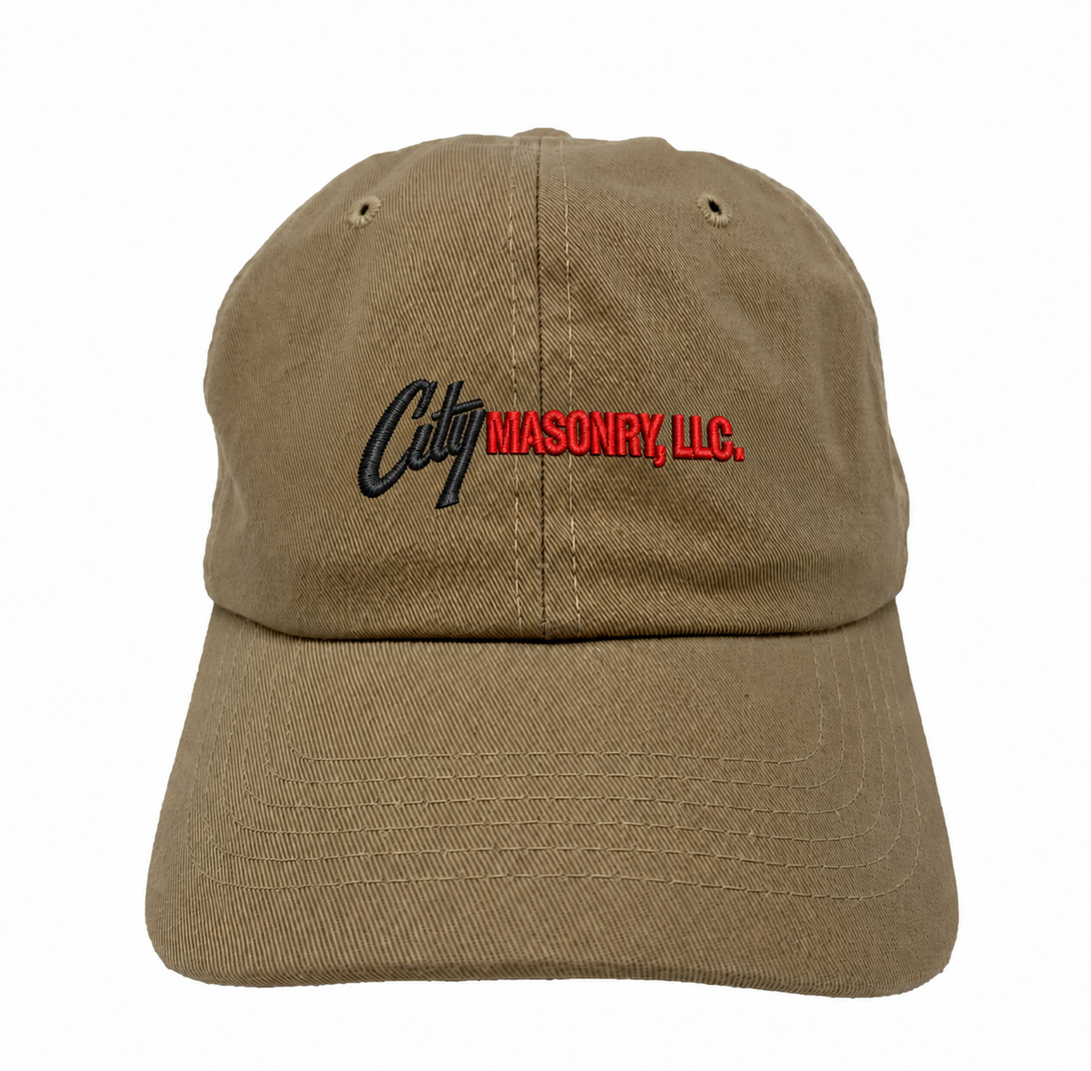 City Masonry VC300A — Khaki embroidered mockup, corrected 4-inch scale