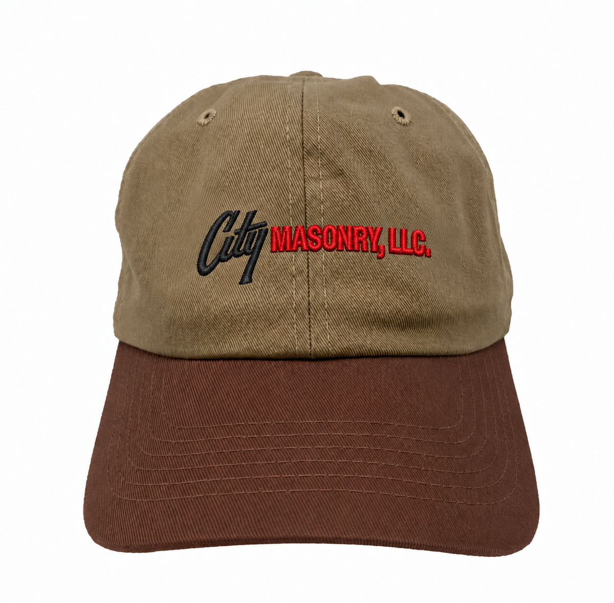 City Masonry VC300A — Khaki/ Brown embroidered mockup, corrected 4-inch scale