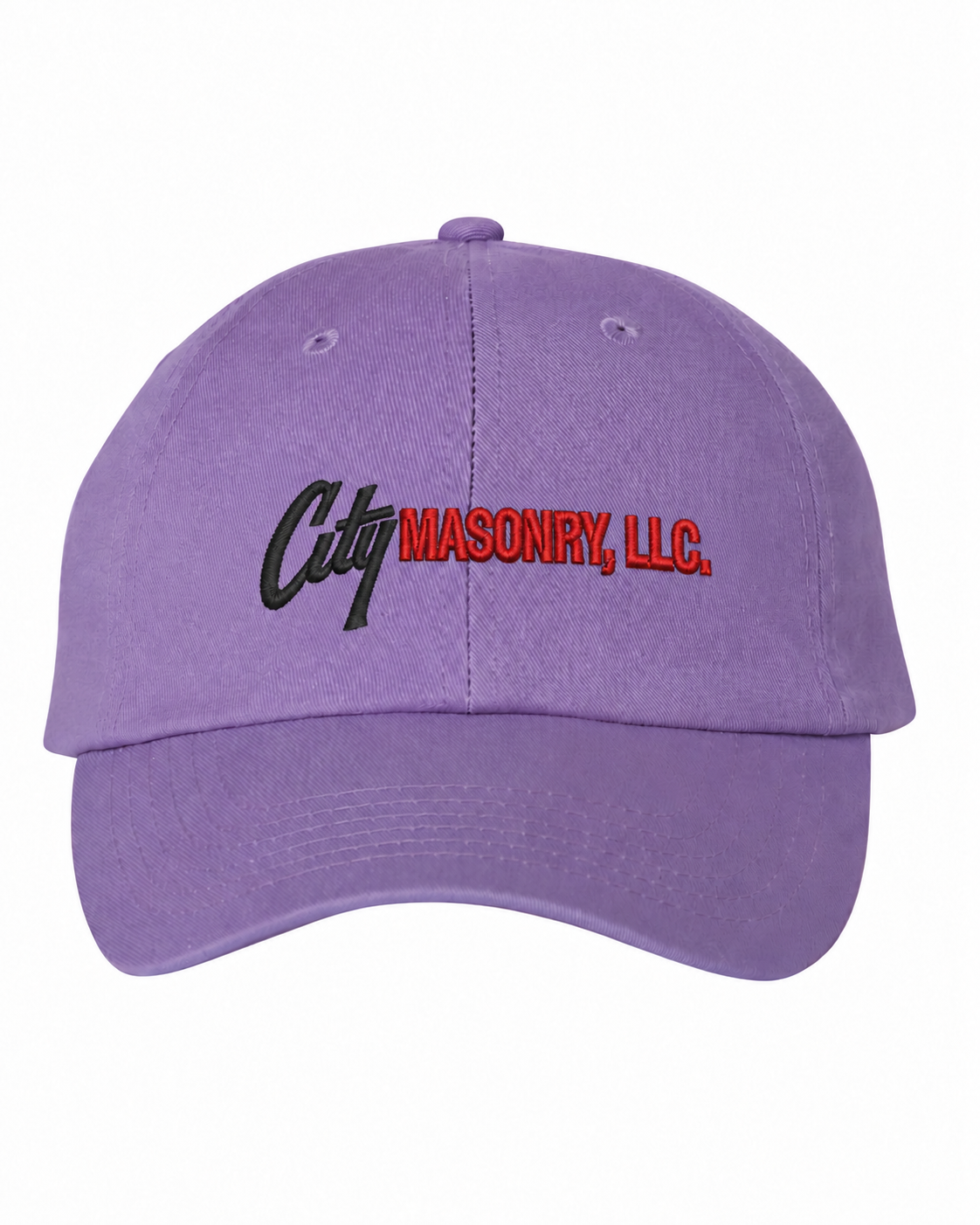 City Masonry VC300A — Lavender embroidered mockup, corrected 4-inch scale