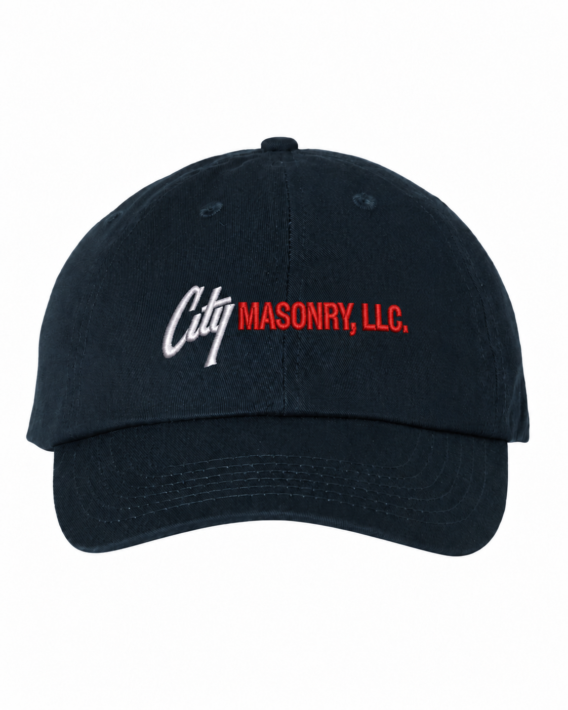 City Masonry VC300A — Navy embroidered mockup, corrected 4-inch scale