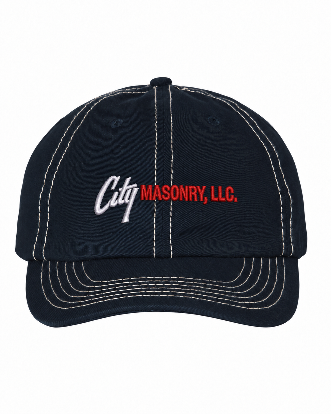 City Masonry VC300A — Navy/ Stone embroidered mockup, corrected 4-inch scale