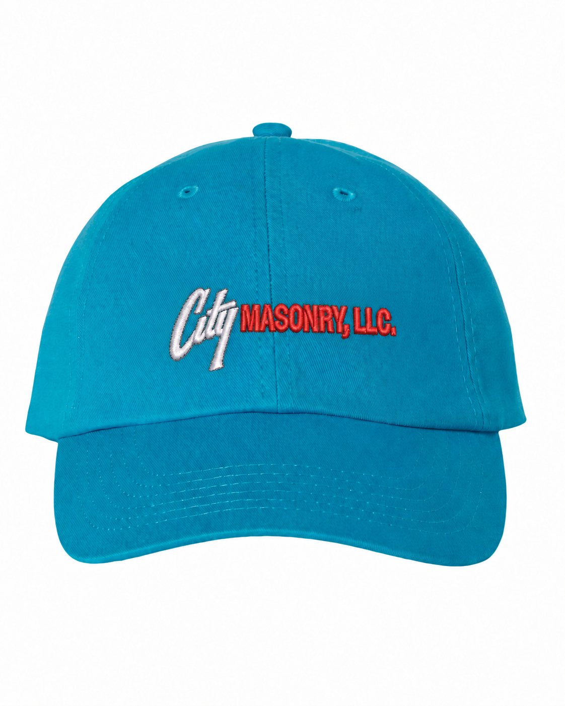 City Masonry VC300A — Neon Blue embroidered mockup, corrected 4-inch scale
