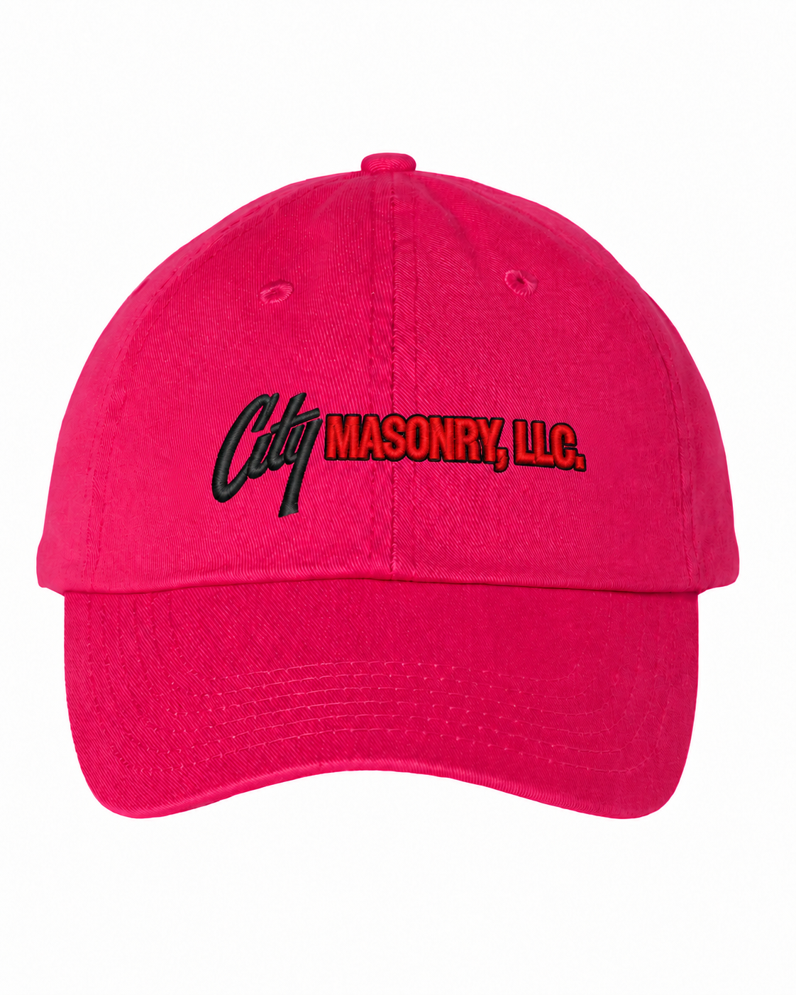 City Masonry VC300A — Neon Pink embroidered mockup, corrected 4-inch scale