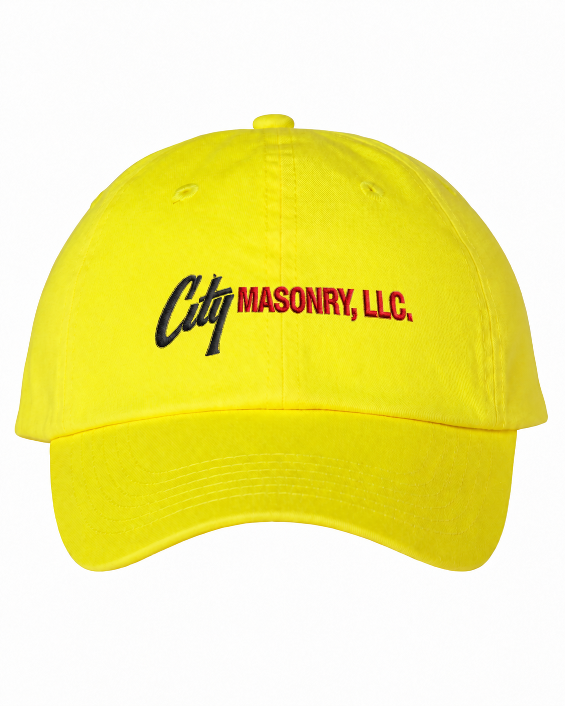 City Masonry VC300A — Neon Yellow embroidered mockup, corrected 4-inch scale