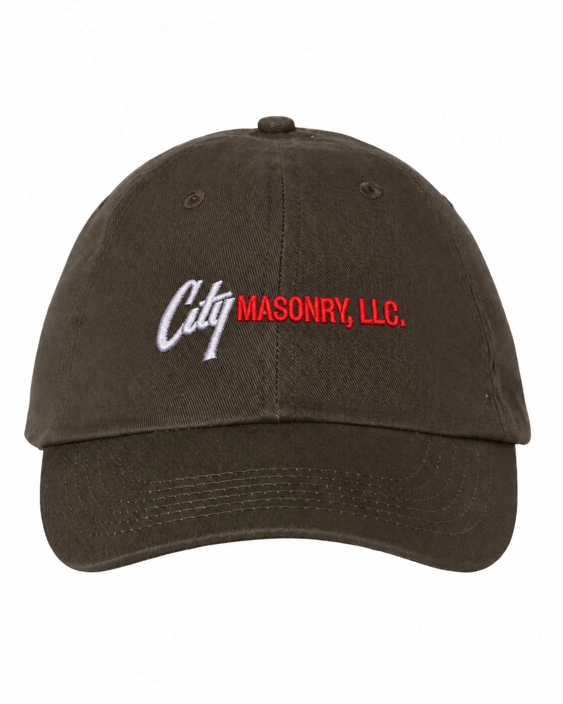 City Masonry VC300A — Olive embroidered mockup, corrected 4-inch scale