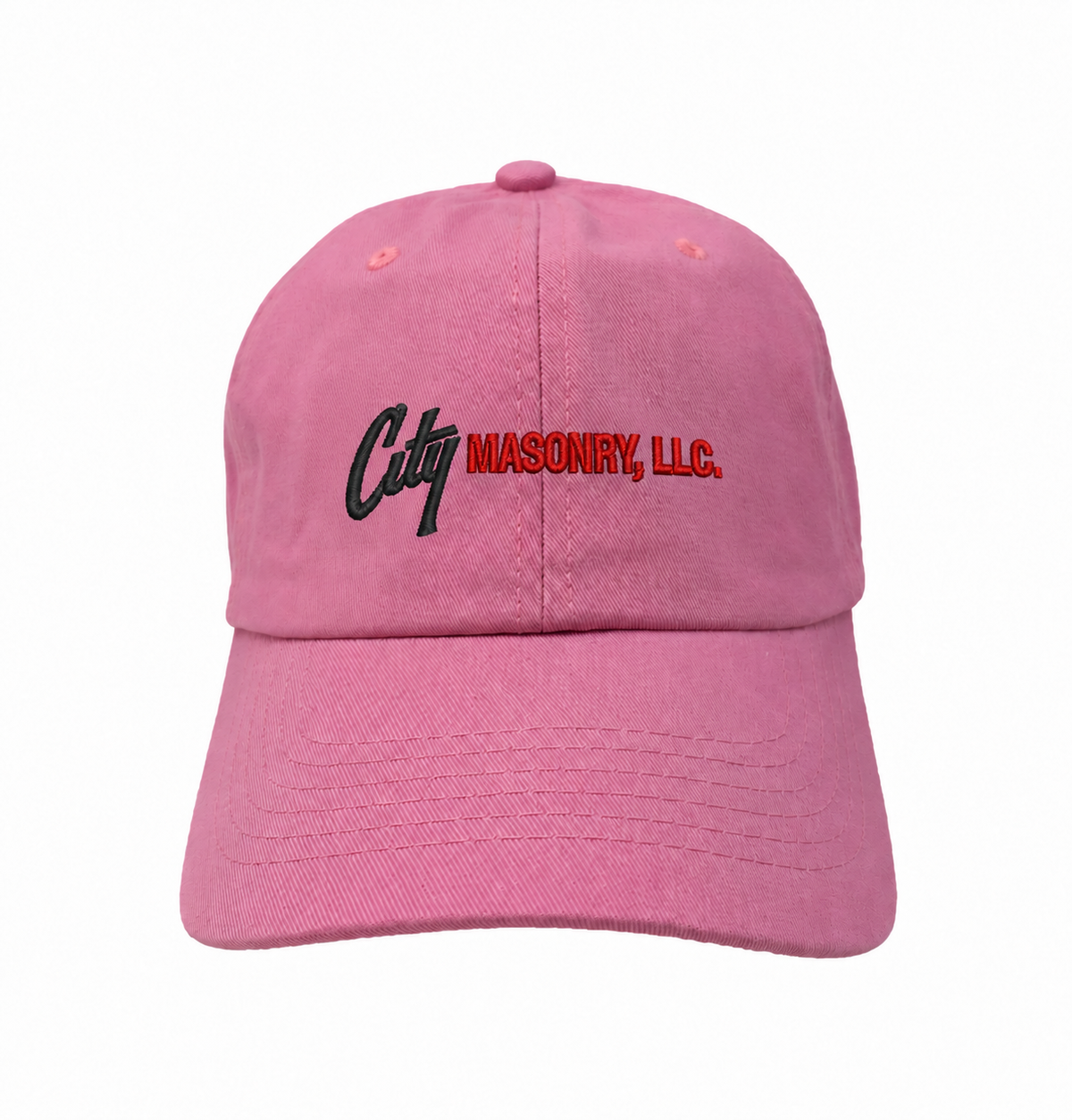 City Masonry VC300A — Pink embroidered mockup, corrected 4-inch scale