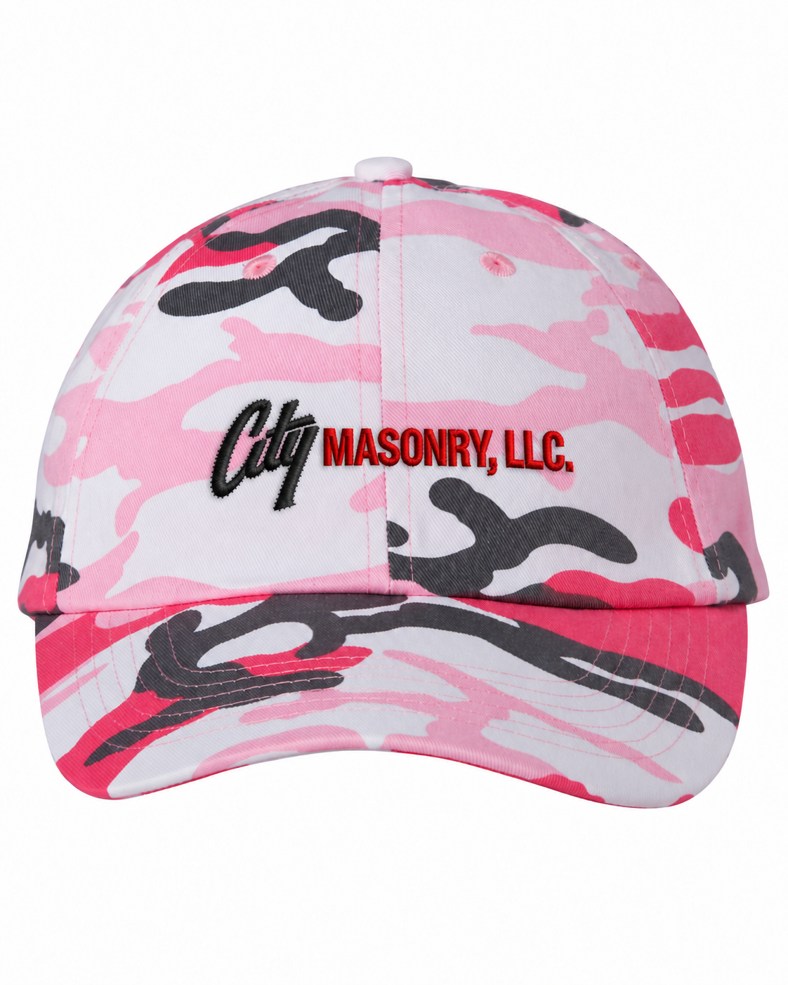 City Masonry VC300A — Pink Camo embroidered mockup, corrected 4-inch scale
