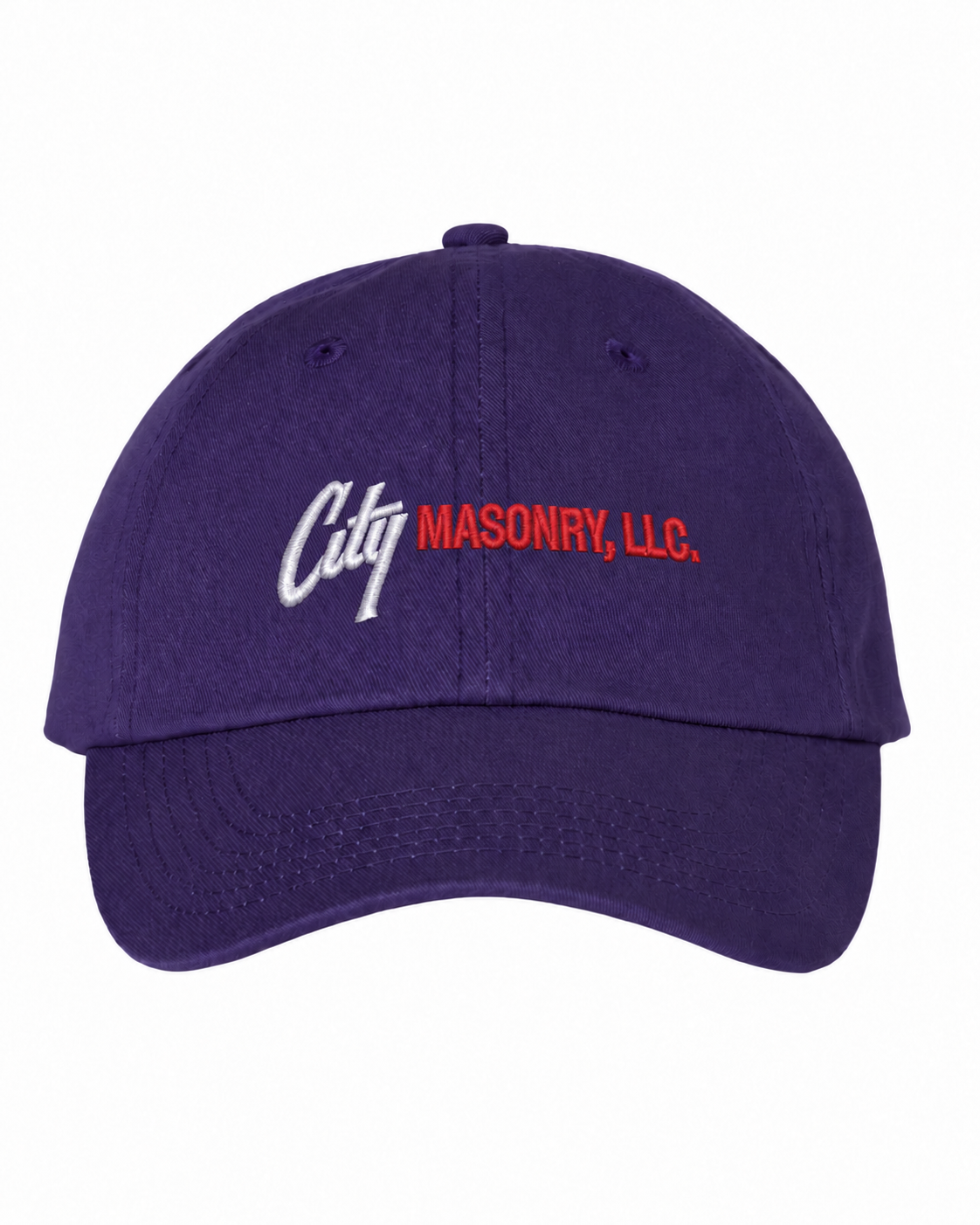 City Masonry VC300A — Purple embroidered mockup, corrected 4-inch scale