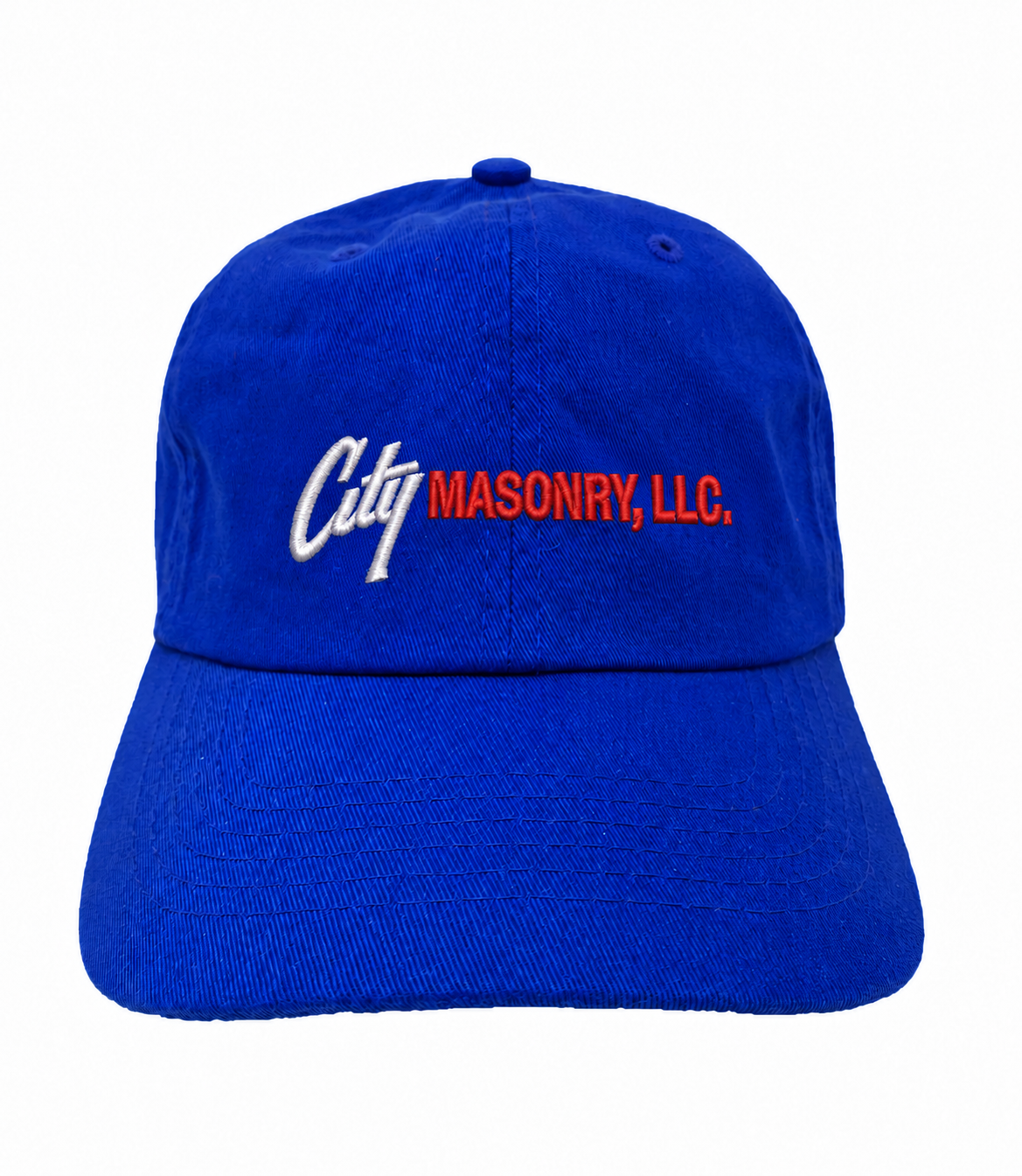 City Masonry VC300A — Royal embroidered mockup, corrected 4-inch scale