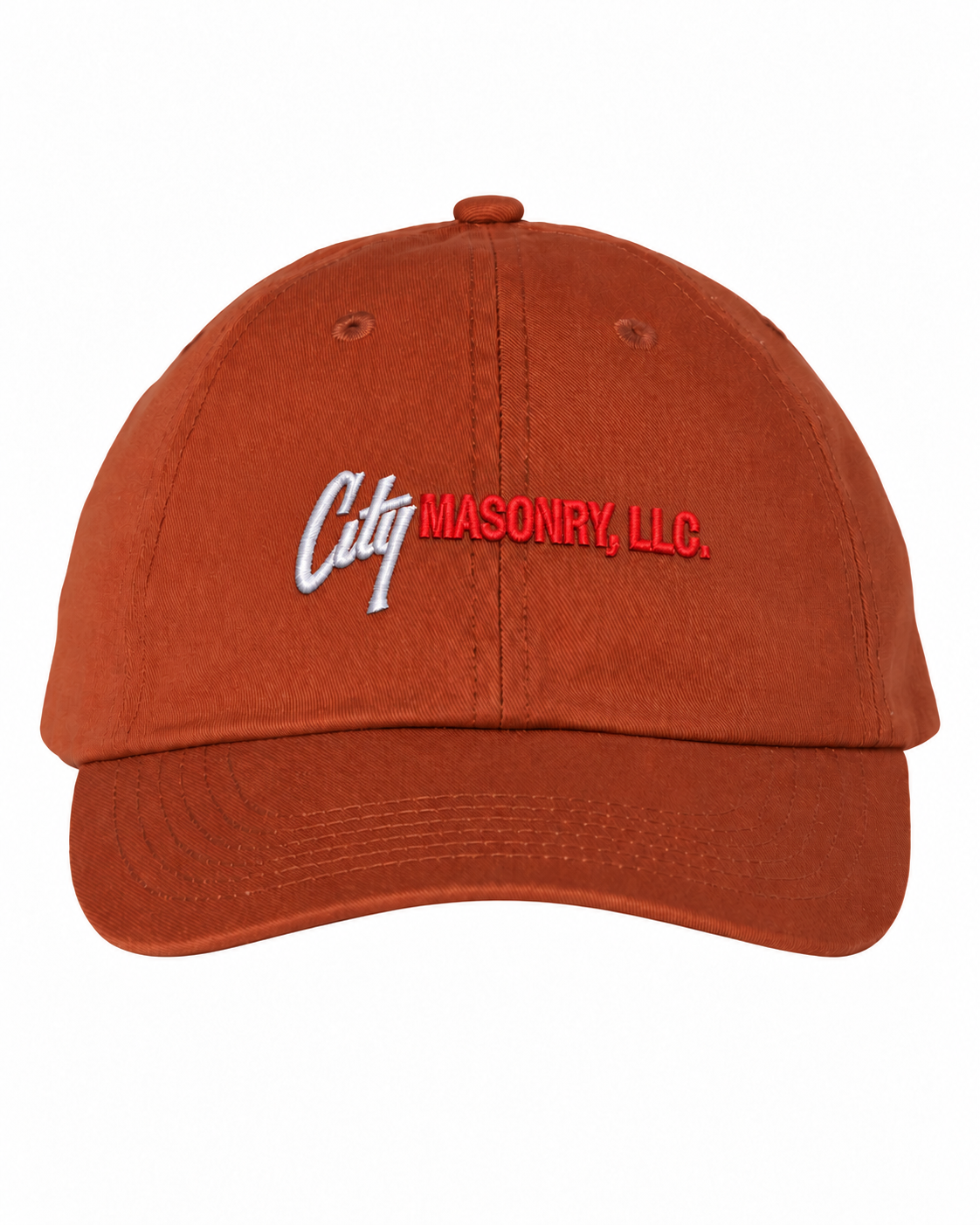 City Masonry VC300A — Texas Orange embroidered mockup, corrected 4-inch scale