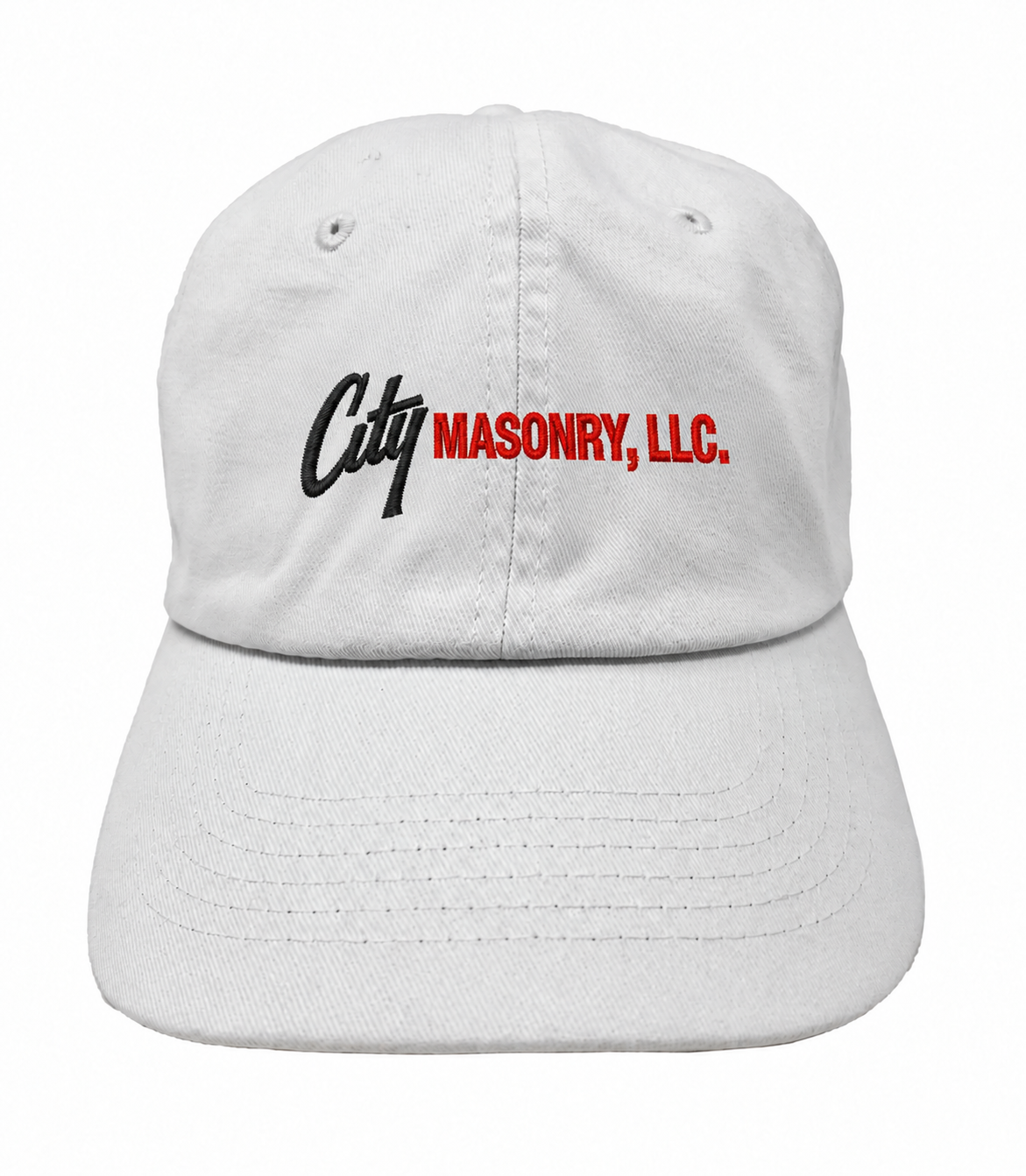 City Masonry VC300A — White embroidered mockup, corrected 4-inch scale
