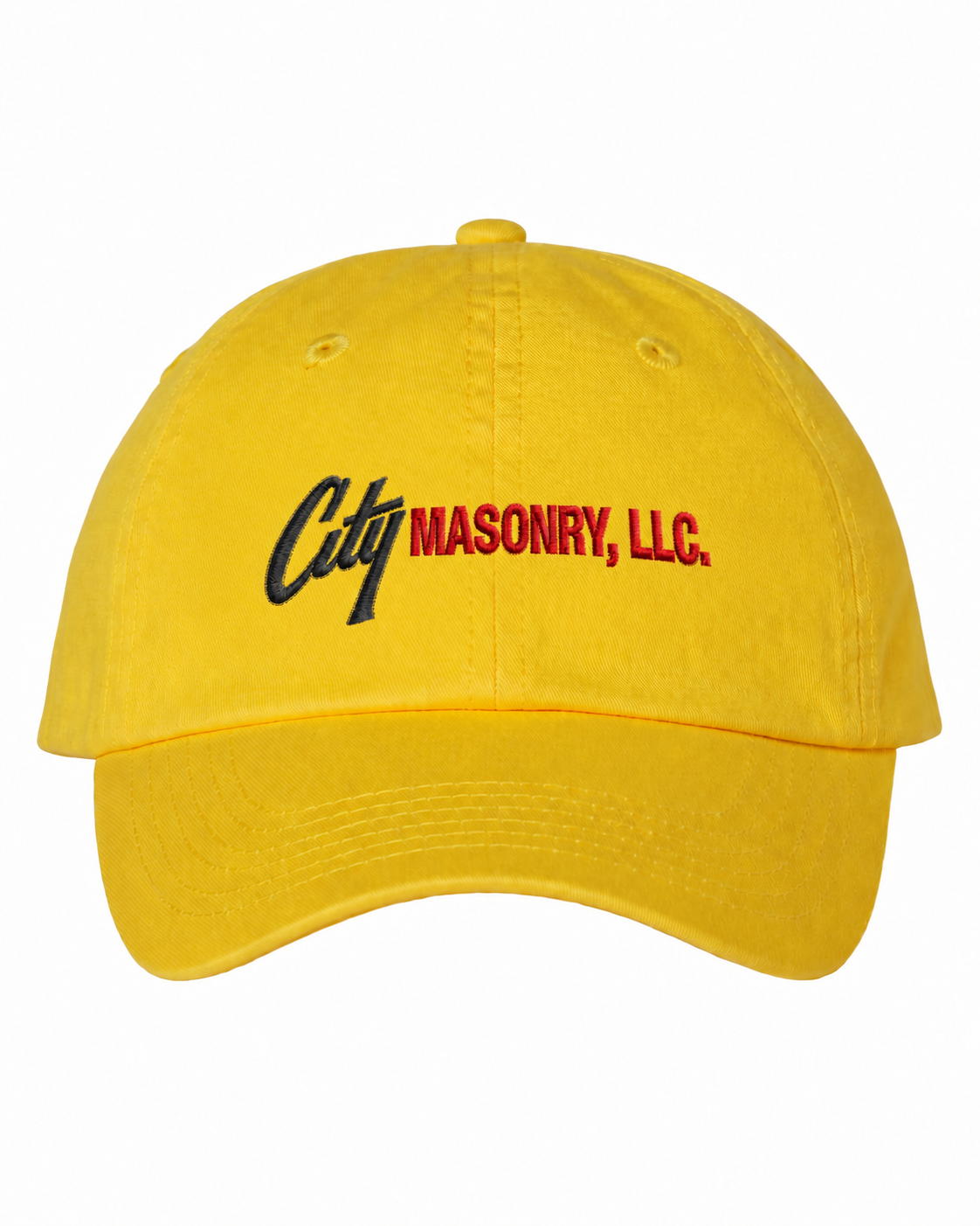 City Masonry VC300A — Yellow embroidered mockup, corrected 4-inch scale