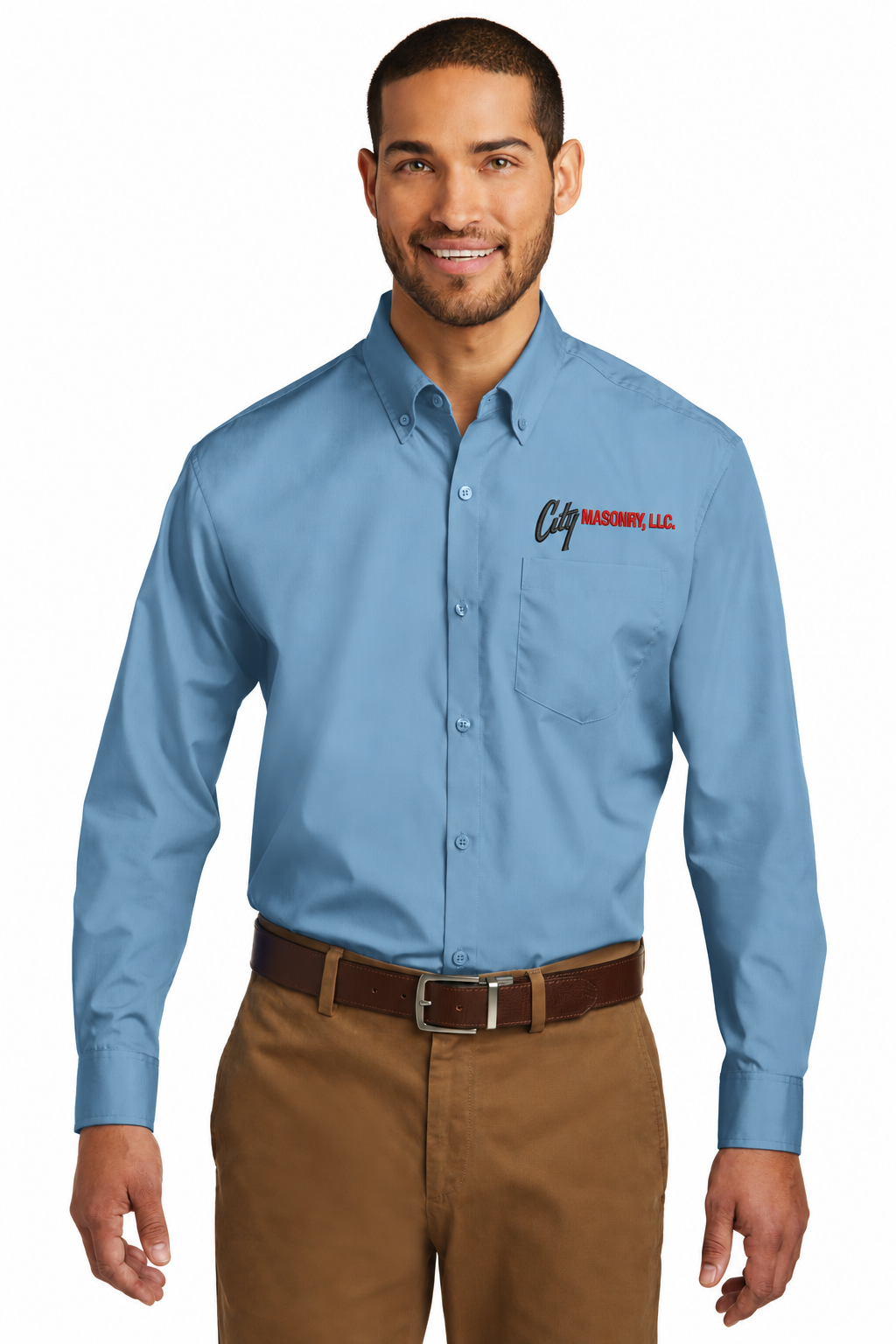 City Masonry W100 — Carolina Blue embroidered mockup