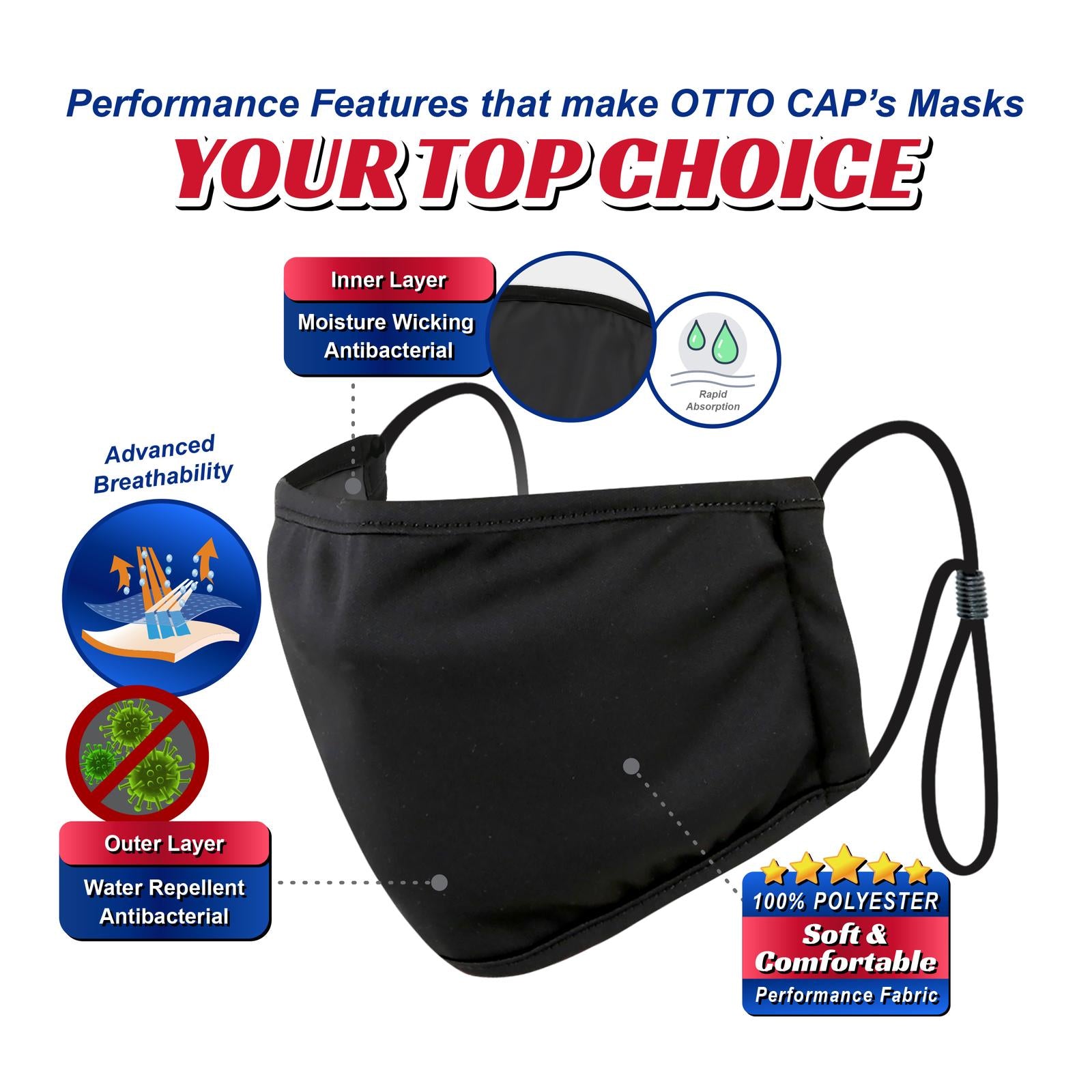 Custom Embroidered or DTF Printed - OTTO CAP® Binding Edge Face Mask w/ Adjustable Straps