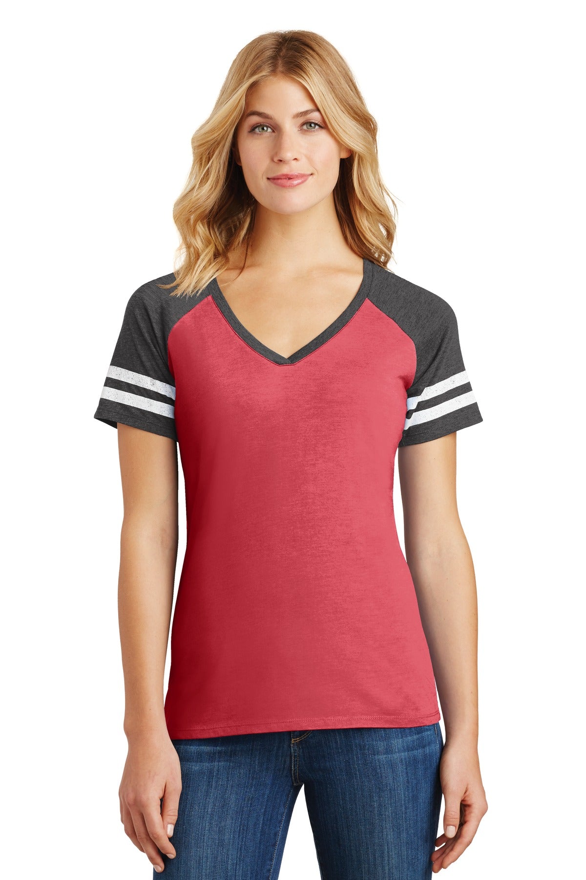 Custom Embroidered District Women's Game V-Neck Tee. DM476