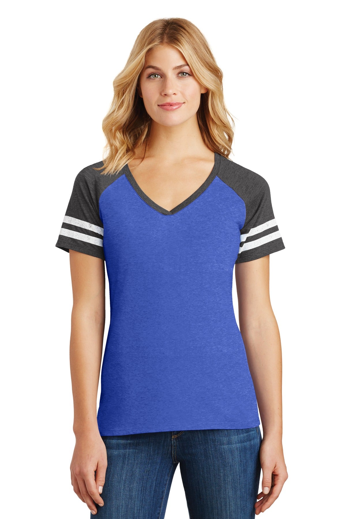 Custom Embroidered District Women's Game V-Neck Tee. DM476