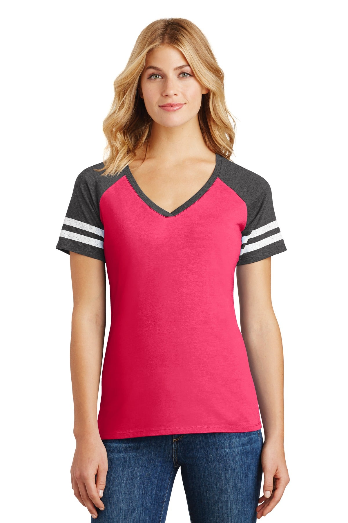 Custom Embroidered District Women's Game V-Neck Tee. DM476