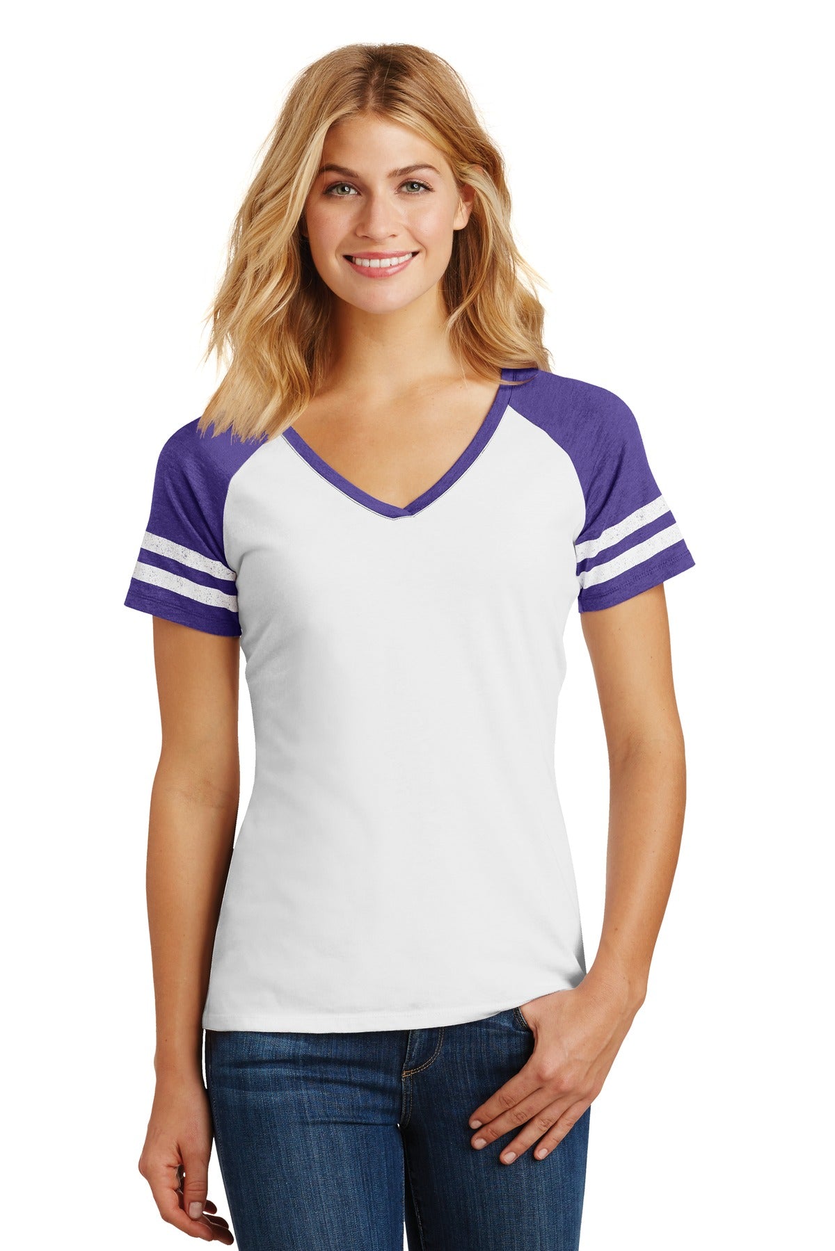 Custom Embroidered District Women's Game V-Neck Tee. DM476