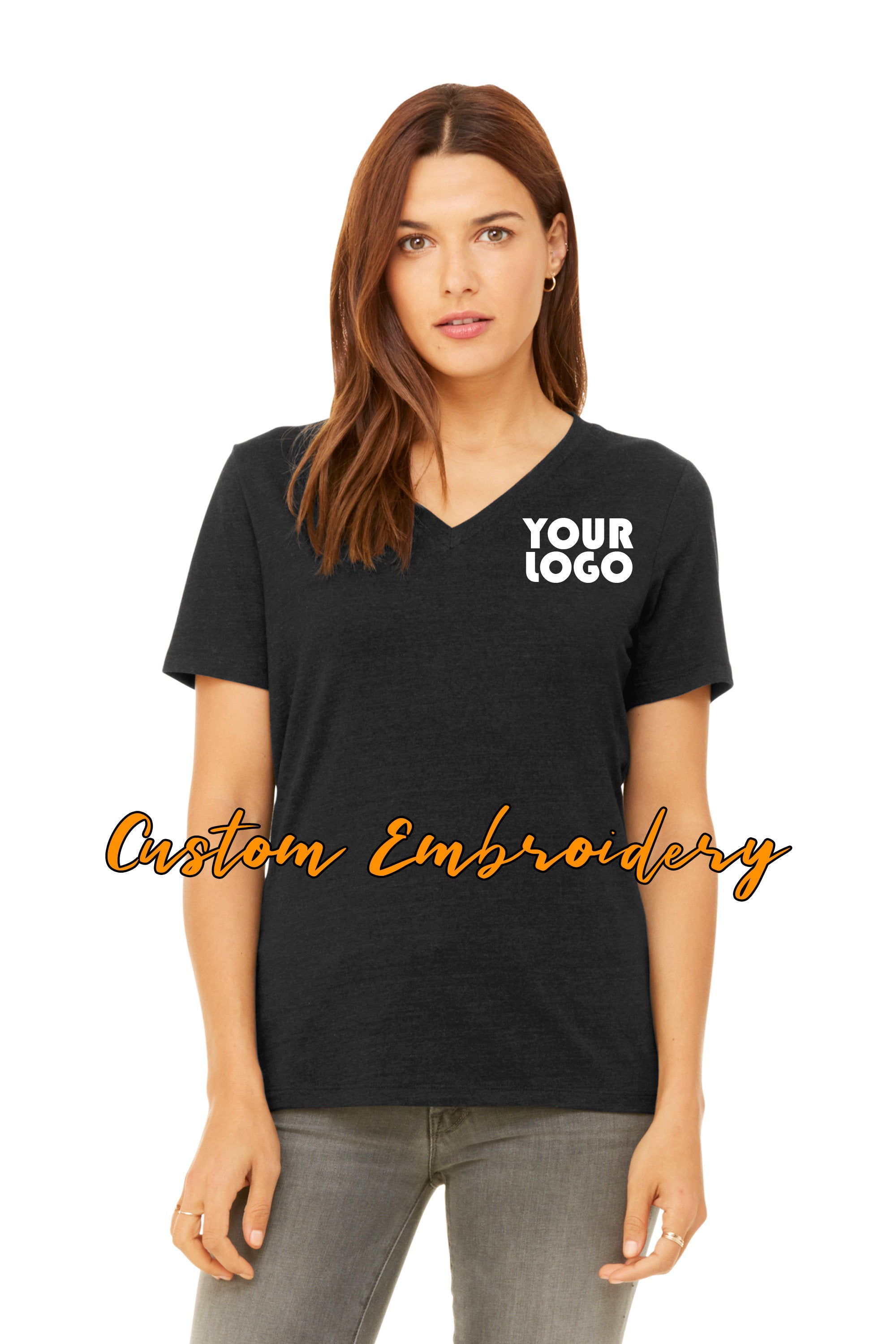 Custom Embroidery on Bella + Canvas Ladies Relaxed Jersey Short Sleeve V-Neck Tee - TShirt - Personalized Shirt