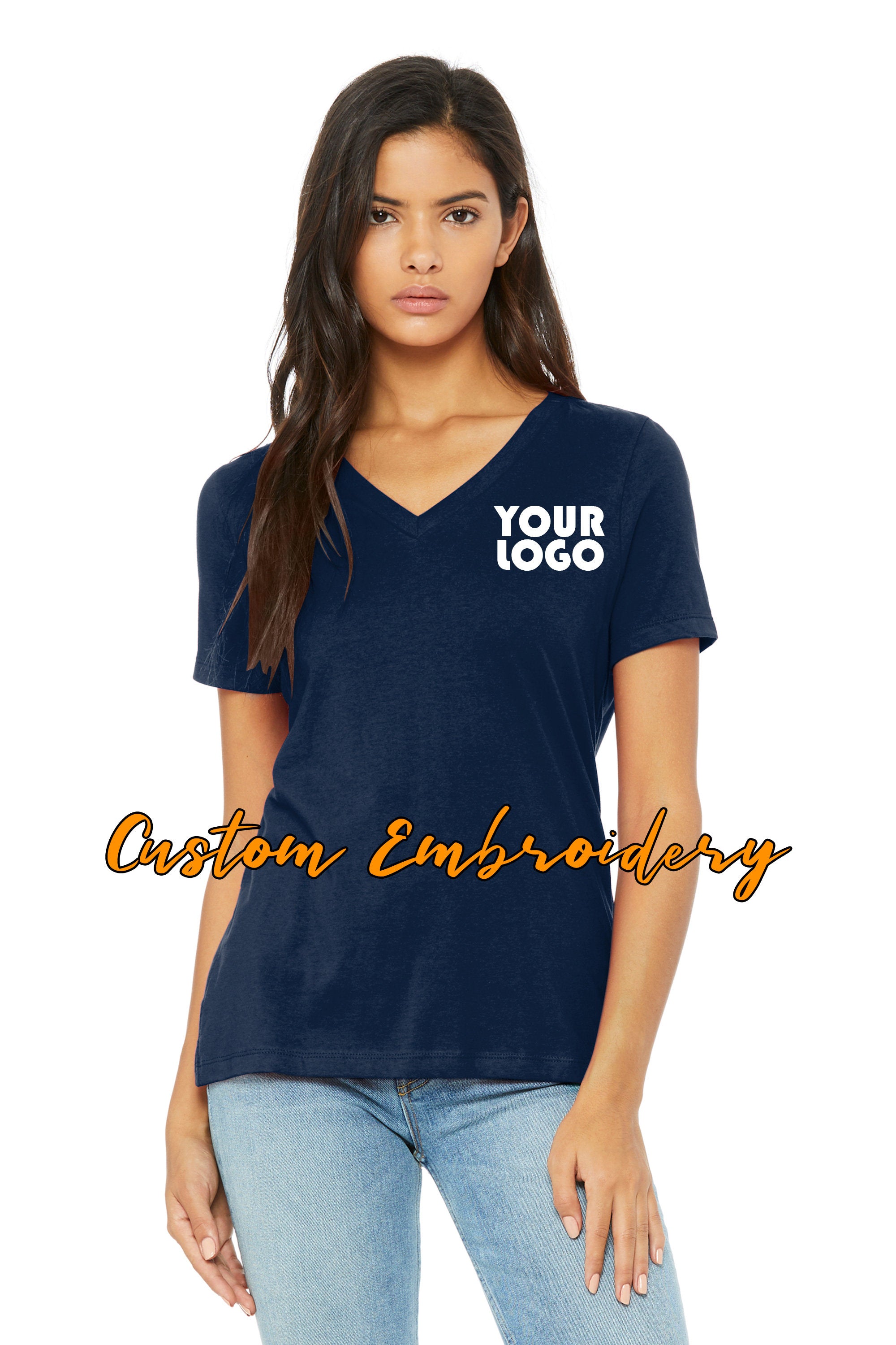 Custom Embroidery on Bella + Canvas Ladies Relaxed Jersey Short Sleeve V-Neck Tee - TShirt - Personalized Shirt