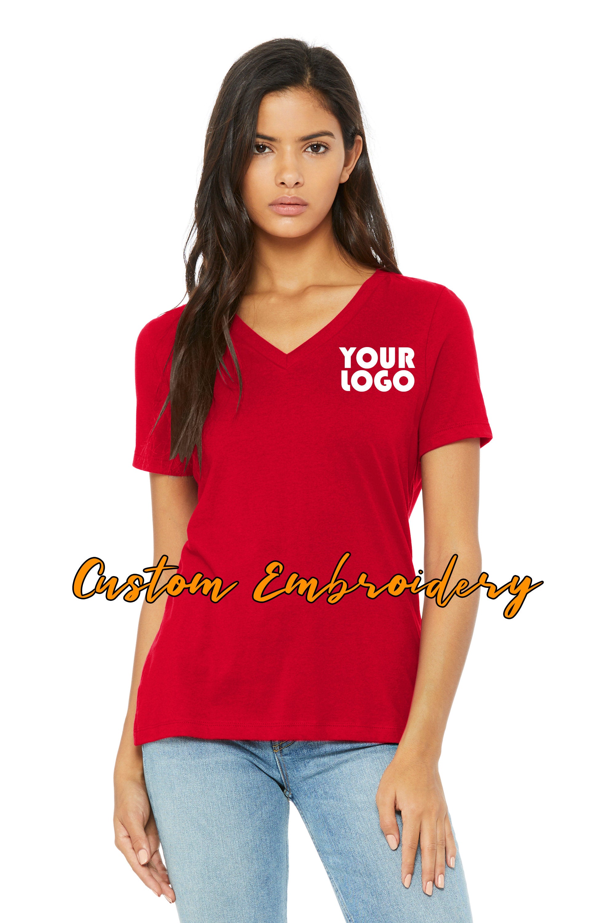 Custom Embroidery on Bella + Canvas Ladies Relaxed Jersey Short Sleeve V-Neck Tee - TShirt - Personalized Shirt