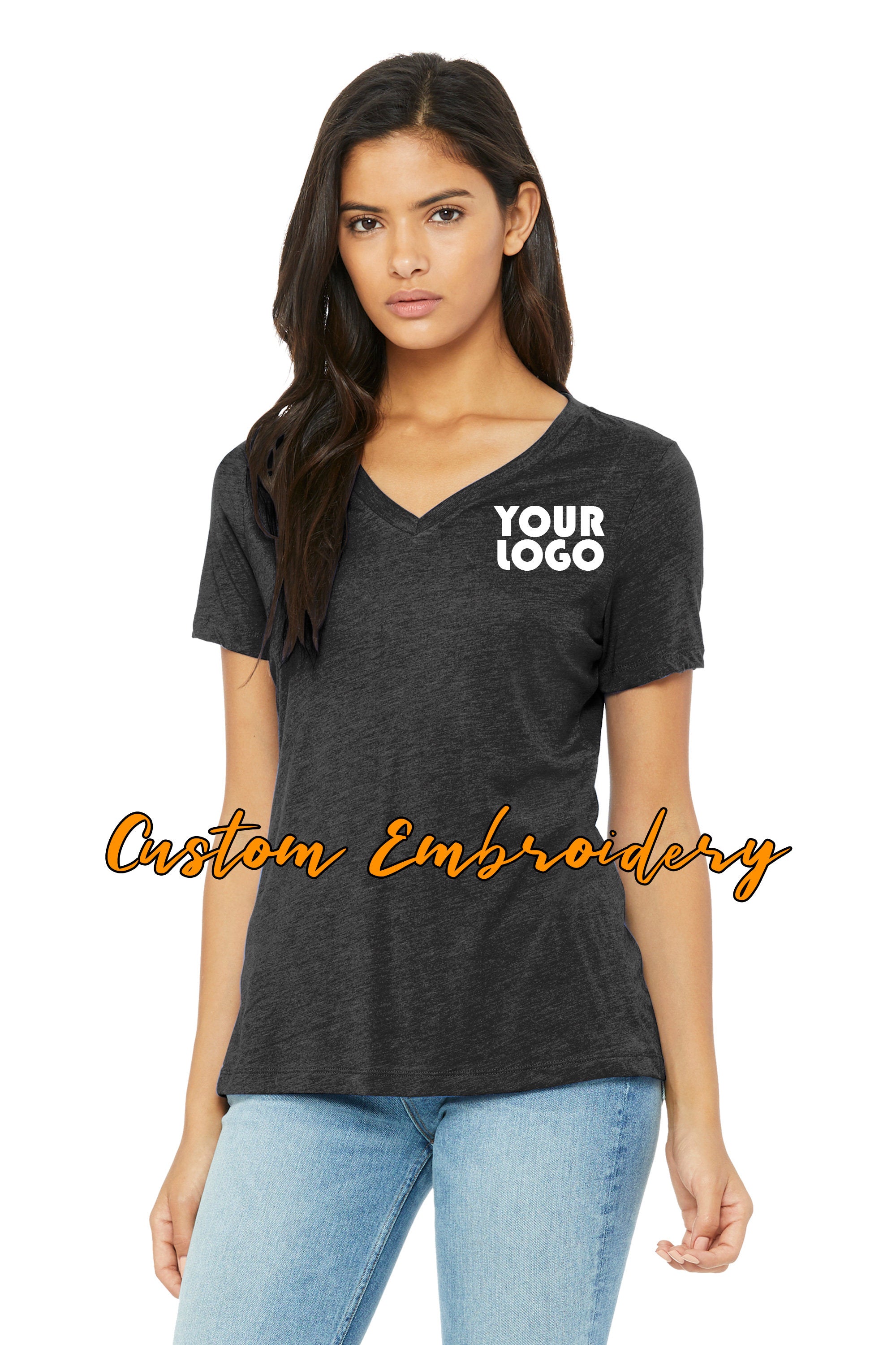 Custom Embroidery on Bella + Canvas Ladies Relaxed Jersey Short Sleeve V-Neck Tee - TShirt - Personalized Shirt