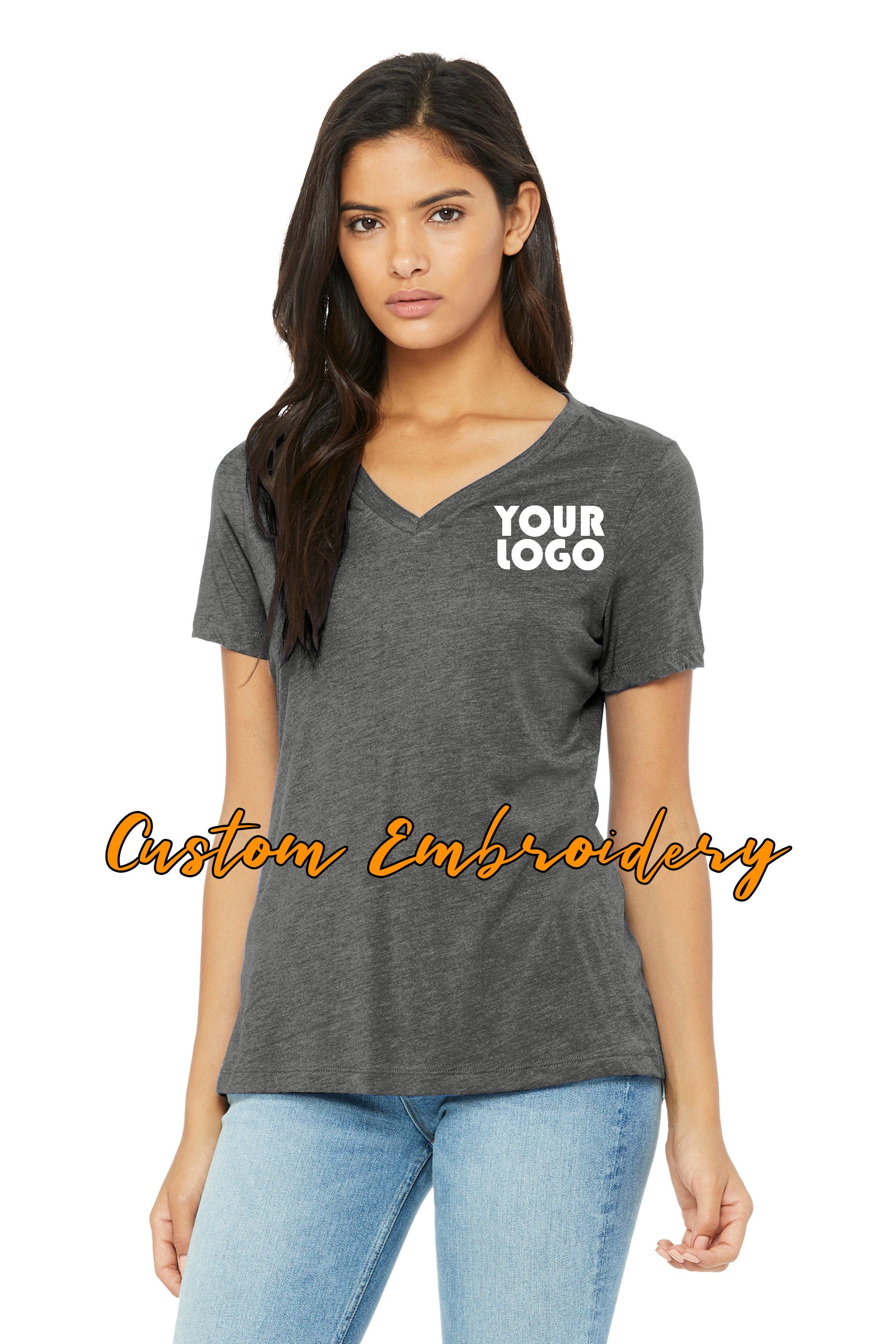 Custom Embroidery on Bella + Canvas Ladies Relaxed Jersey Short Sleeve V-Neck Tee - TShirt - Personalized Shirt