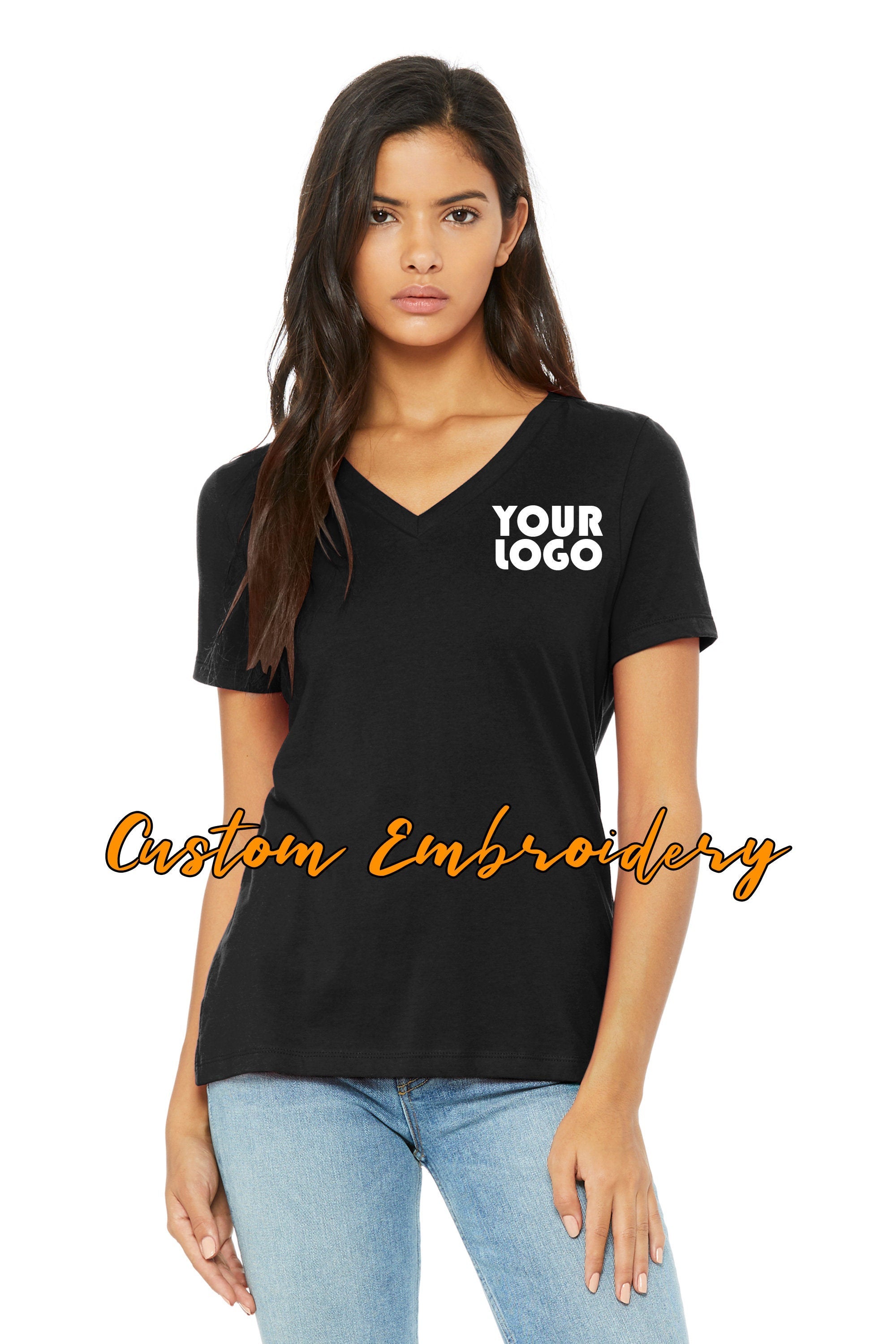 Custom Embroidery on Bella + Canvas Ladies Relaxed Jersey Short Sleeve V-Neck Tee - TShirt - Personalized Shirt