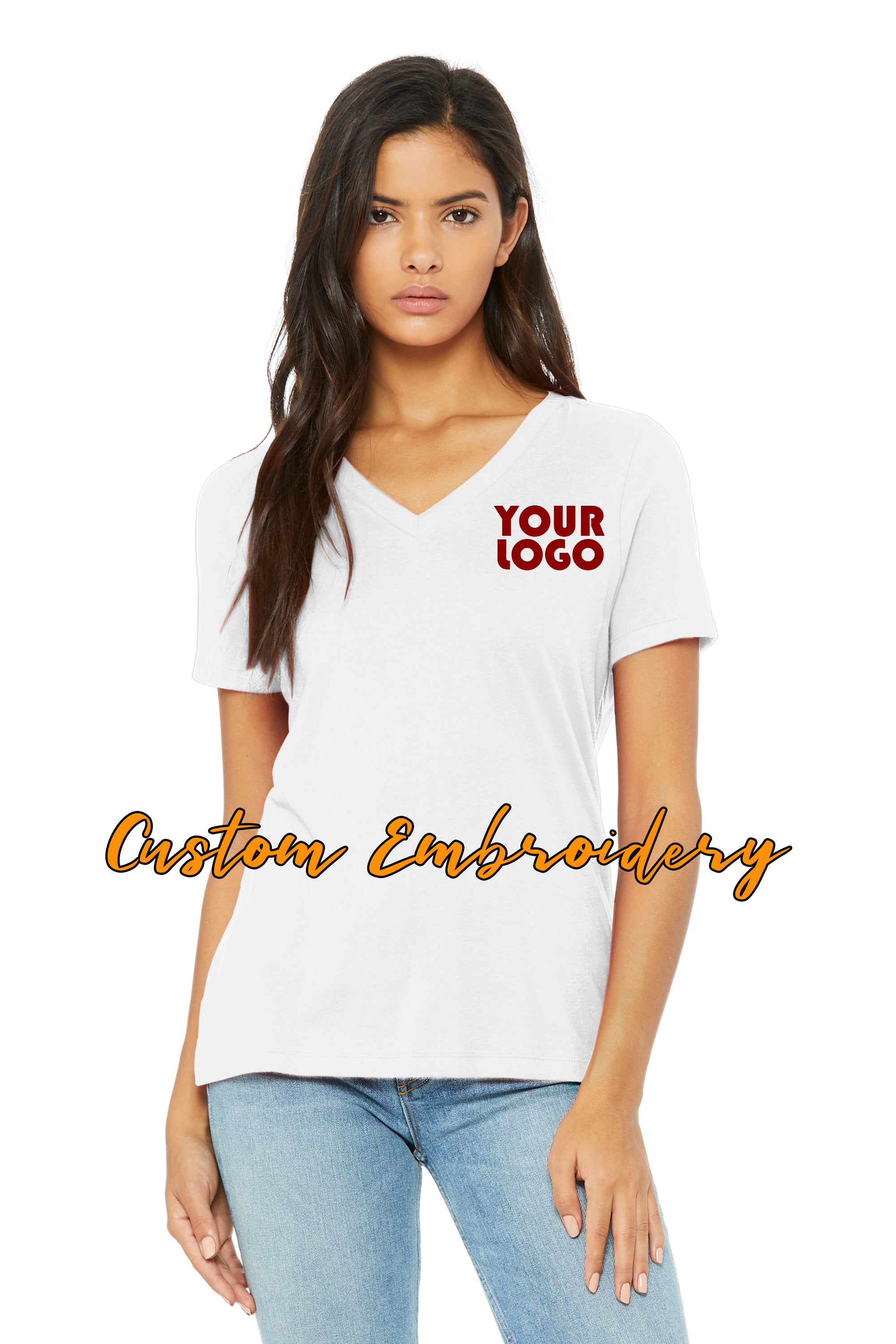 Custom Embroidery on Bella + Canvas Ladies Relaxed Jersey Short Sleeve V-Neck Tee - TShirt - Personalized Shirt