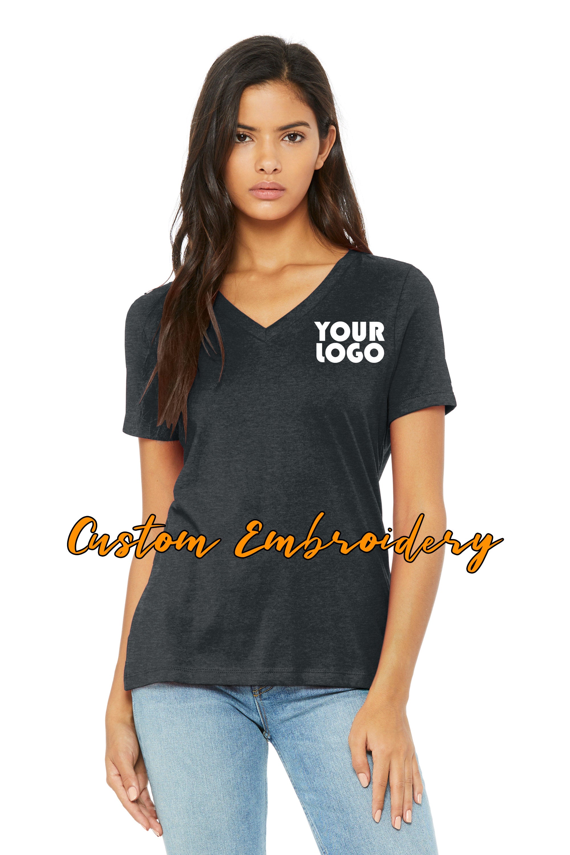 Custom Embroidery on Bella + Canvas Ladies Relaxed Jersey Short Sleeve V-Neck Tee - TShirt - Personalized Shirt