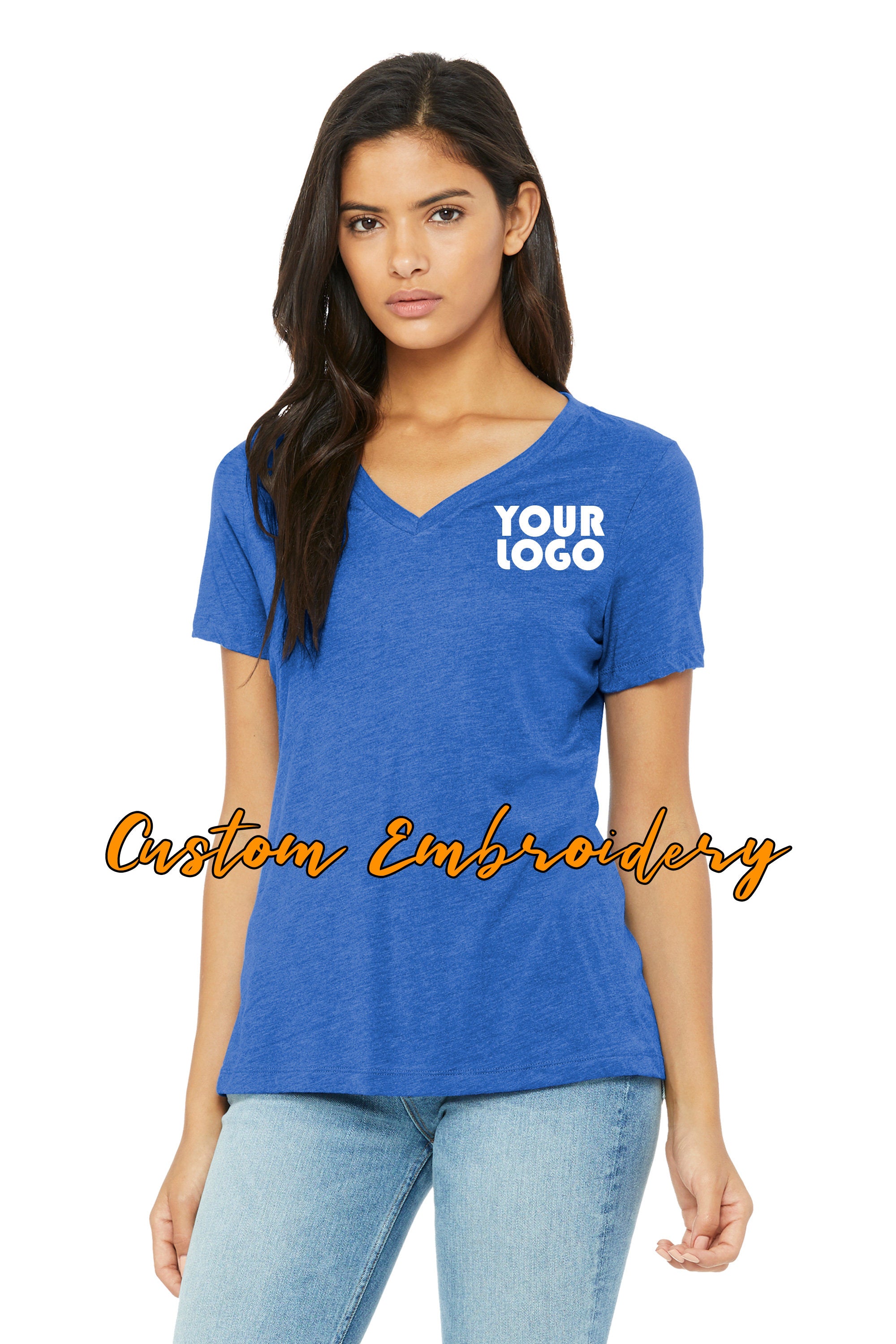 Custom Embroidery on Bella + Canvas Ladies Relaxed Jersey Short Sleeve V-Neck Tee - TShirt - Personalized Shirt