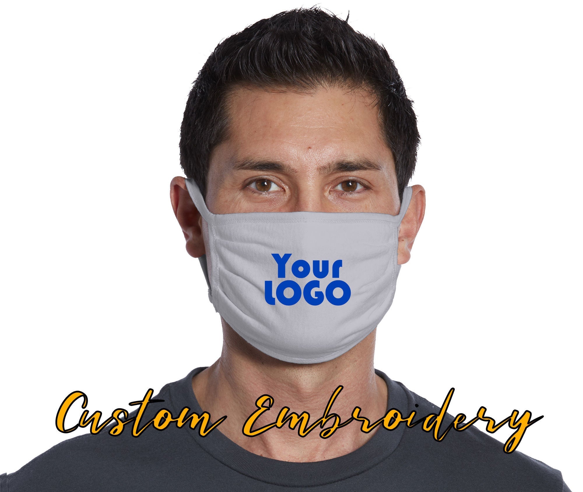 Custom Embroidered Cotton Knit Face Mask - Embroider up to 3in W x 2.5in H - 3-Ply Mask