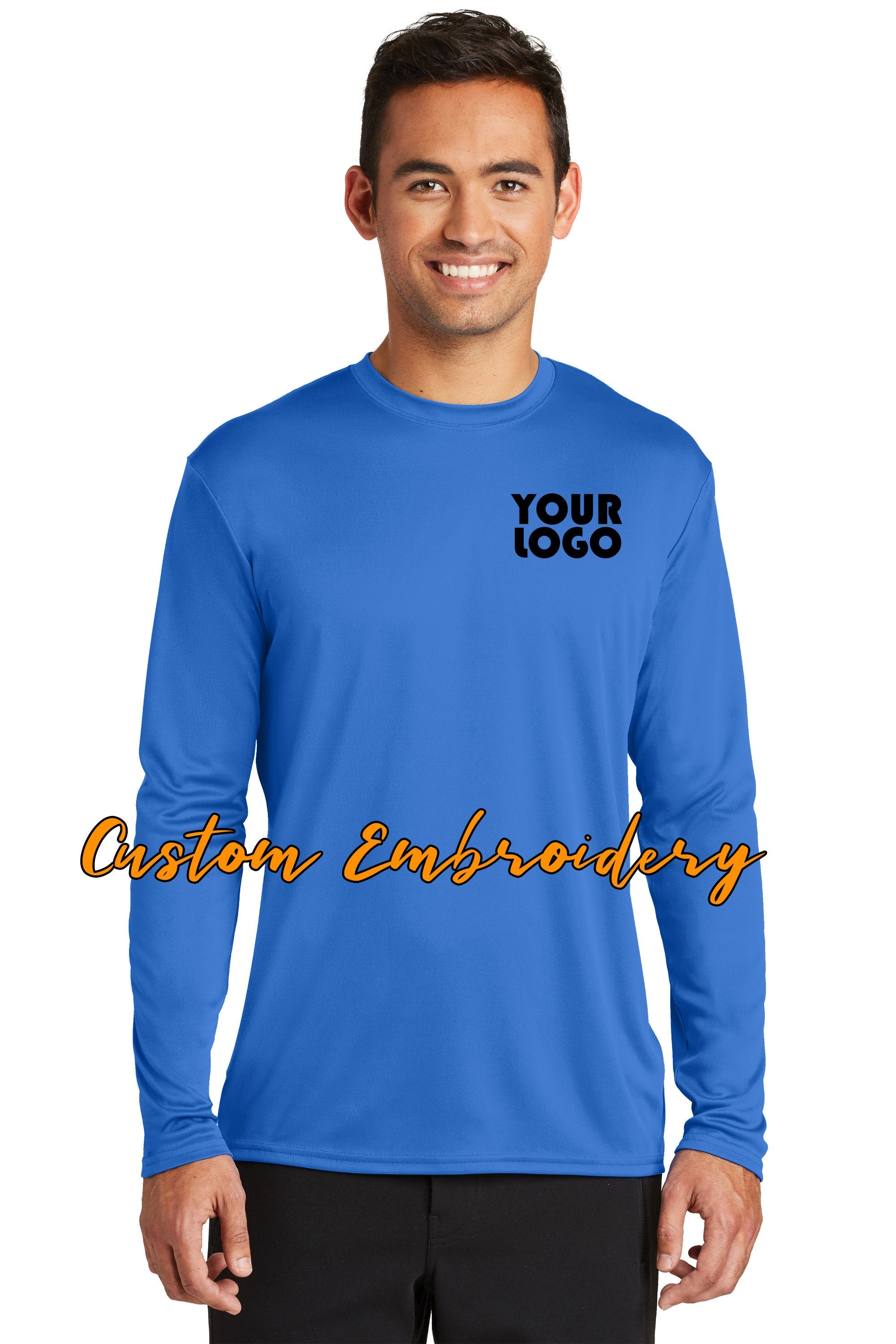Custom Embroidered Performance Long Sleeve T-Shirt Tees - Free Logo Digitizing - Includes one 4in x 4in Embroidery - Personalize T-Shirt