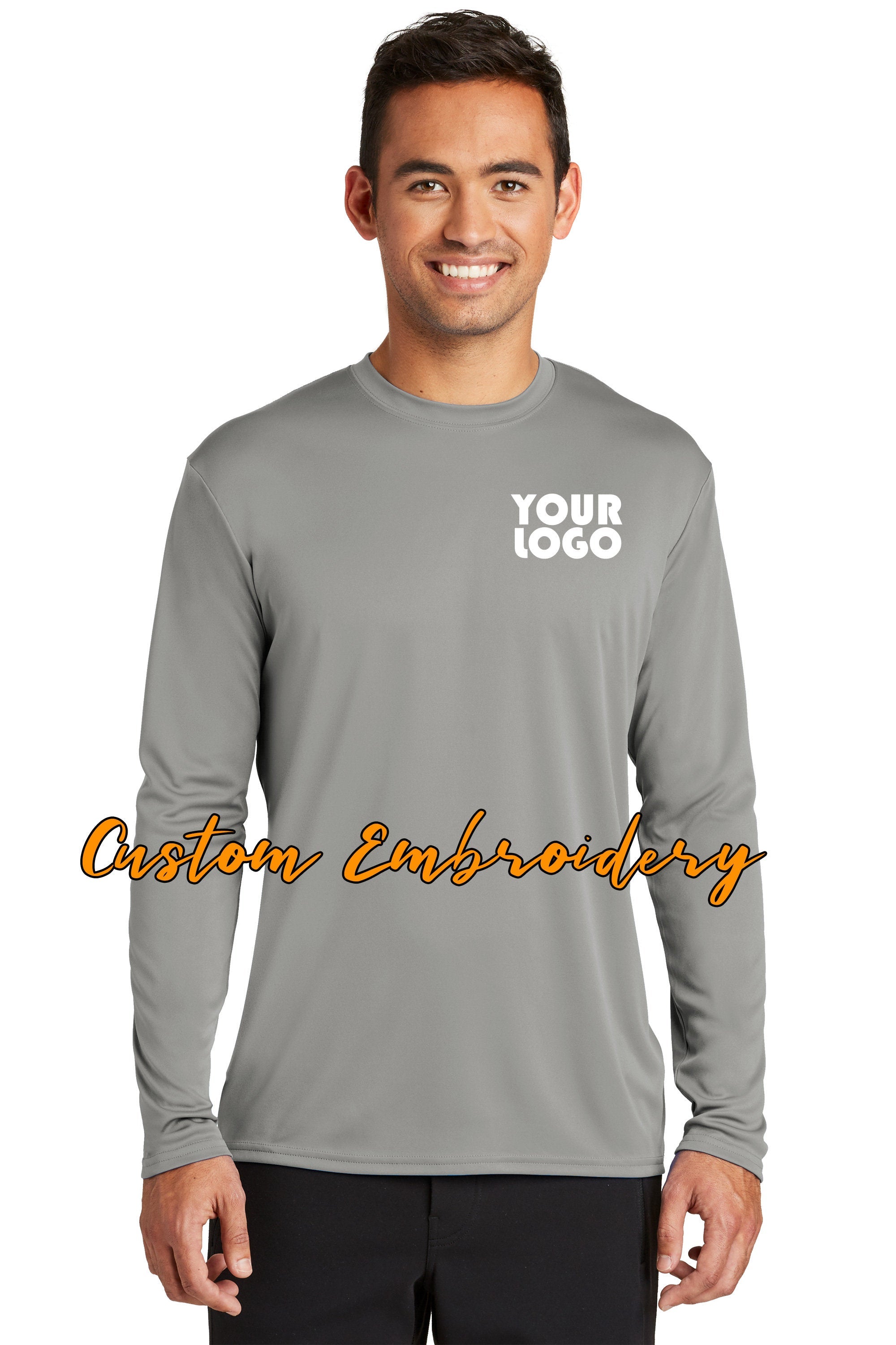 Custom Embroidered Performance Long Sleeve T-Shirt Tees - Free Logo Digitizing - Includes one 4in x 4in Embroidery - Personalize T-Shirt
